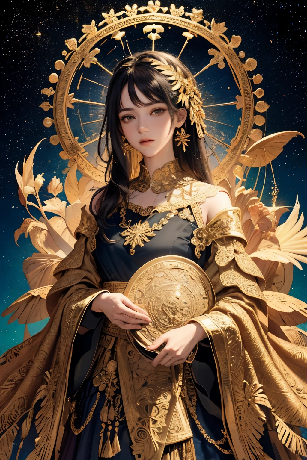 (masterpiece, highest quality, highest quality, official art, beautiful and aesthetic:1.2), (1 girl), very detailed,colorful,most detailed, official art, unity 8k wallpaper, super detailed, beautiful and aesthetic, beautiful, masterpiece, highest quality, (zentangle, mandala, tangle, entangle) ,holy light,gold foil,gold leaf art,glitter drawing, Perfect Nwsj Seriously