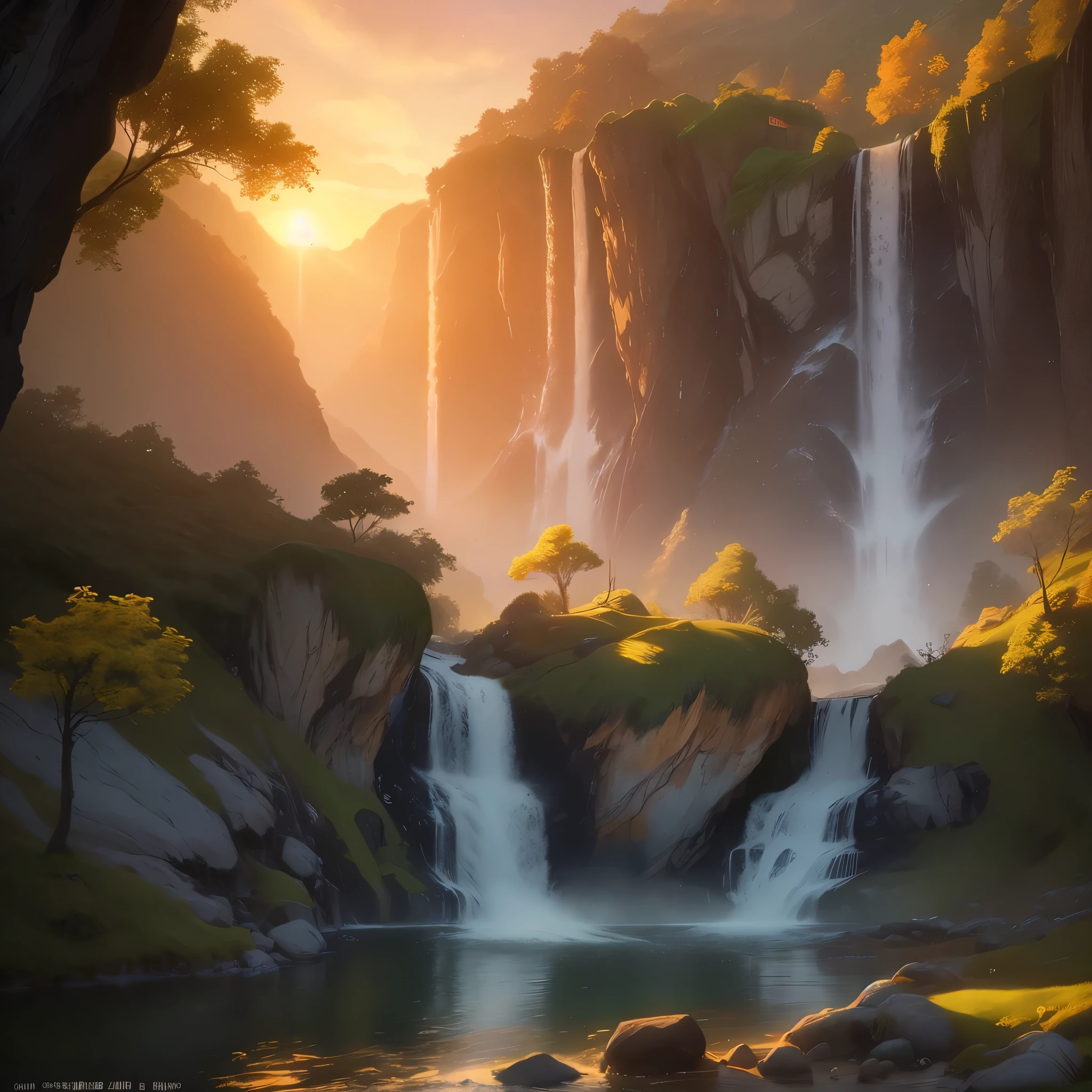 （masterpiece、Super exquisite、high resolution），郁郁葱葱的绿色山脉令人着迷的Scenic waterfall, 沐浴在柔和的sunset光下. The scene should evoke a sense of tranquility and. Bob Ross 和 Thomas Kinkade 的high resolution数字, Trending on DeviantArt and Pinterest, Render at 4K resolution，Attention to detail and realistic lighting，（sunset、Residual Yang、Scenic waterfall：1.5）