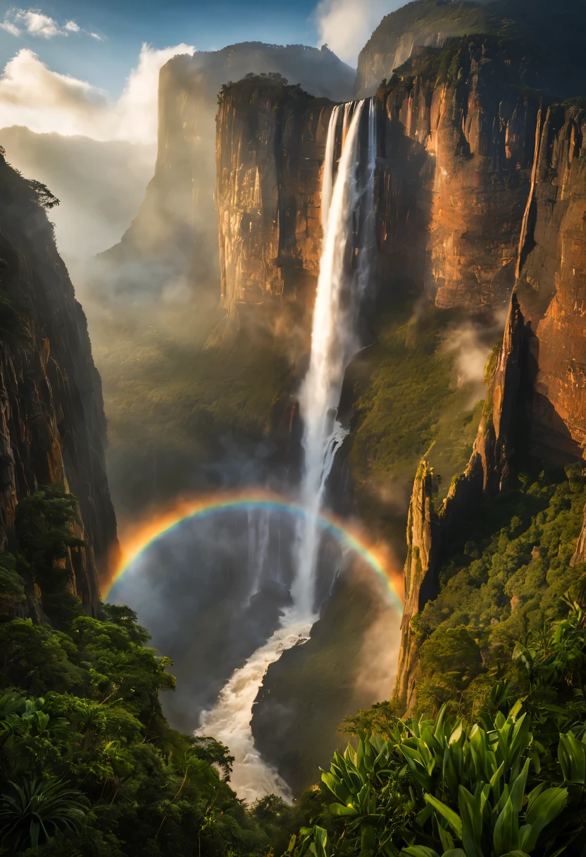 Create a spectacular, detailed image of Angel Falls in Venezuela, capturing the majestic waterfall plunging from the top of Auyán-tepui, surrounded by lush greenery and mist. The scene should showcase the sheer height of the falls, emphasizing its status as the world's highest uninterrupted waterfall. Include the rocky cliffs of the tepui, with water cascading down in multiple tiers, creating a mesmerizing display of nature's power. Let the sunlight filter through the mist, casting rainbows in the spray, and highlight the diverse flora clinging to the cliffs. The image should evoke a sense of awe and wonder at the grandeur of this natural wonder.