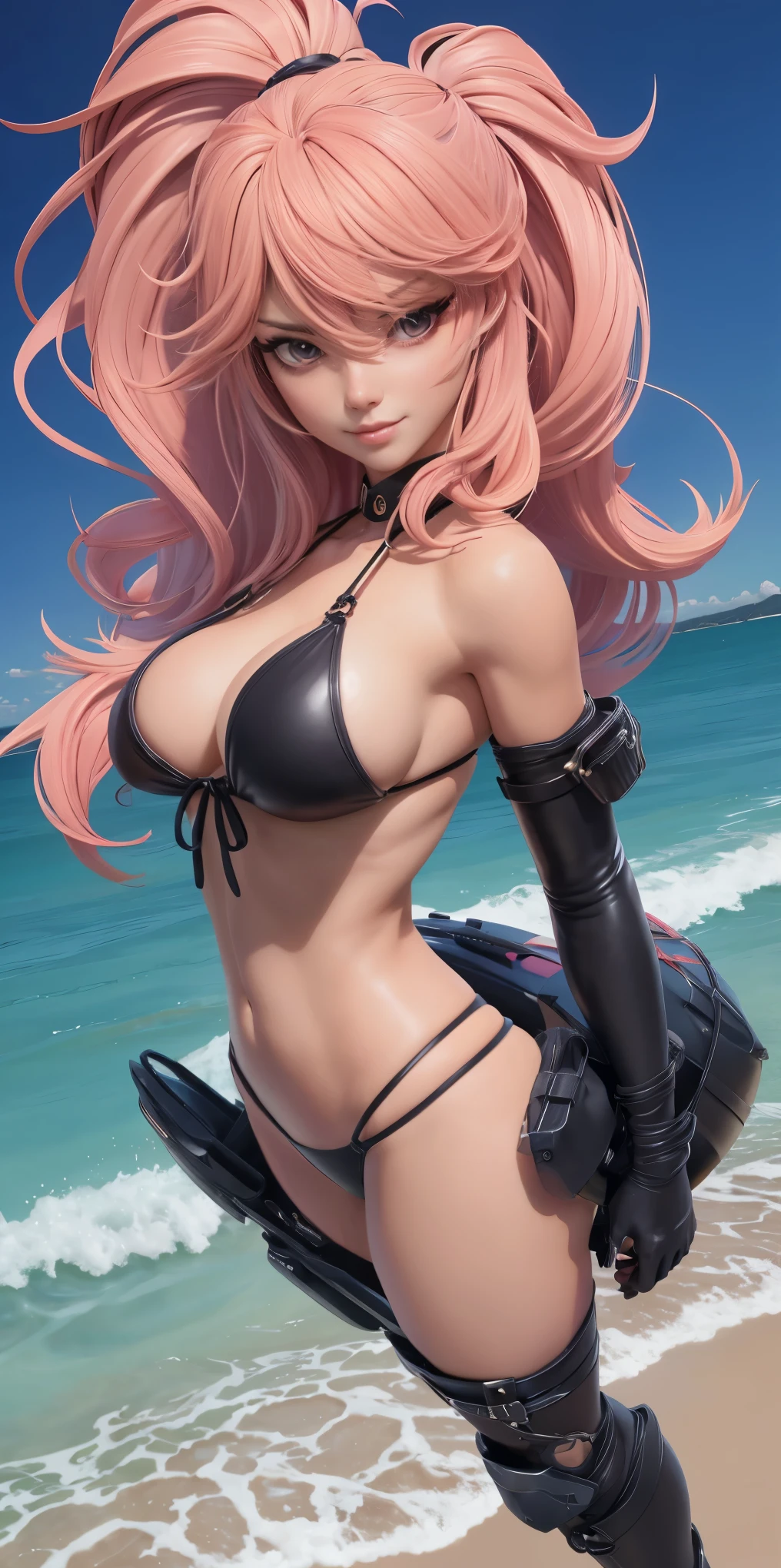 1girl as a bikini model, anime, cabelos brancos, black bikini, Botas pretas de coxa, Tonificado, Personagem estilo anime solo, Torso Tiro, foco na clivagem