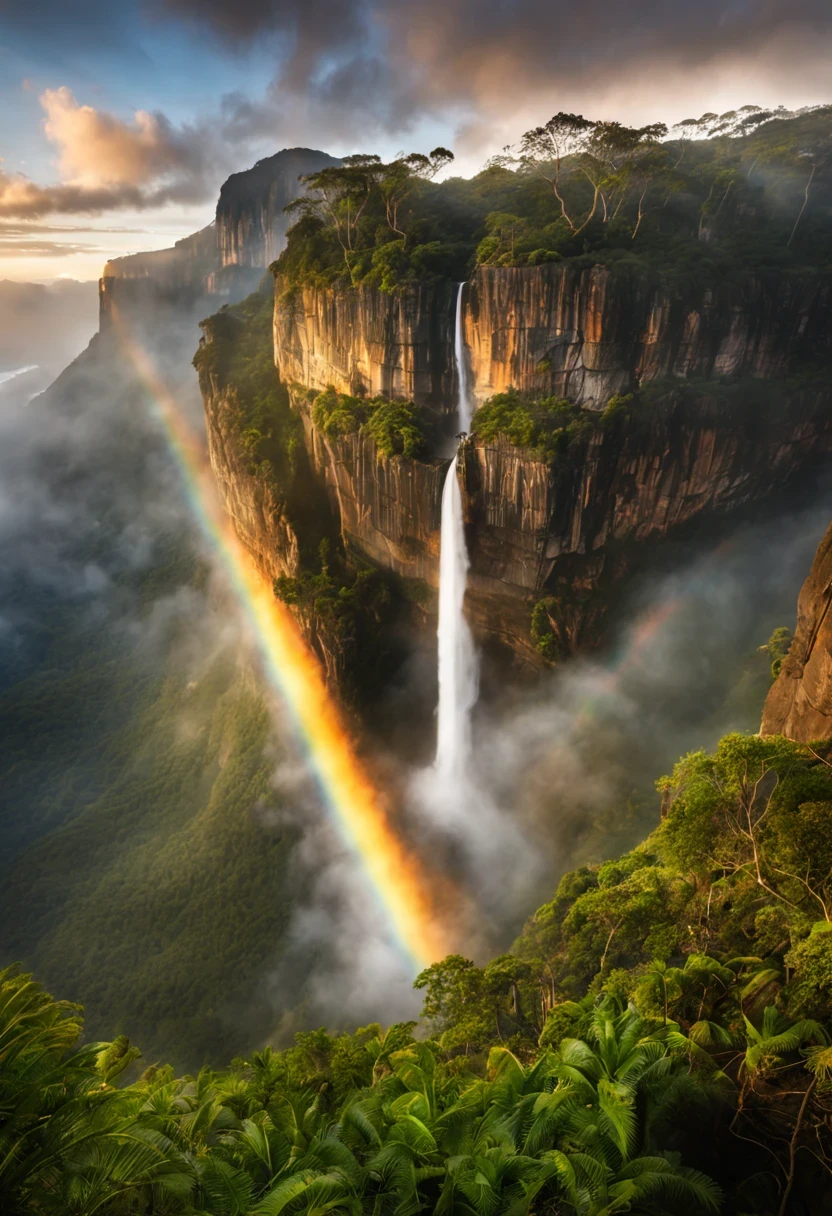 Create a spectacular, detailed image of Angel Falls in Venezuela, capturing the majestic waterfall plunging from the top of Auyán-tepui, surrounded by lush greenery and mist. The scene should showcase the sheer height of the falls, emphasizing its status as the world's highest uninterrupted waterfall. Include the rocky cliffs of the tepui, with water cascading down in multiple tiers, creating a mesmerizing display of nature's power. Let the sunlight filter through the mist, casting rainbows in the spray, and highlight the diverse flora clinging to the cliffs. The image should evoke a sense of awe and wonder at the grandeur of this natural wonder.