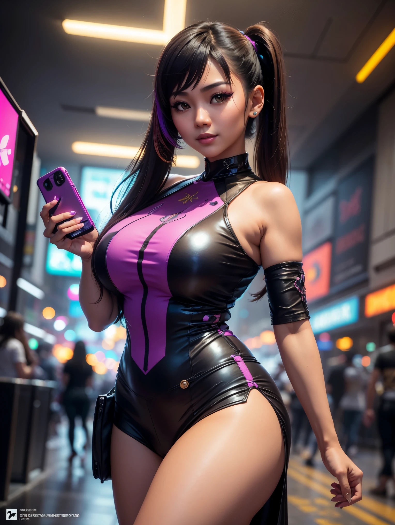 (30 years old), ((cute SFW Filipina|Thai woman holding colorful_smartphone to take selfie, thighs, detailed face and eyeshadow, crowded cyberpunk plaza)), hourglass figure, smile, intricate, big breasts, bangs, (long pigtails), Cinematic lighting, global illumination, studio lighting, daytime, highly detailed, 64k, octane render, trending on artstation, soft fill lighting