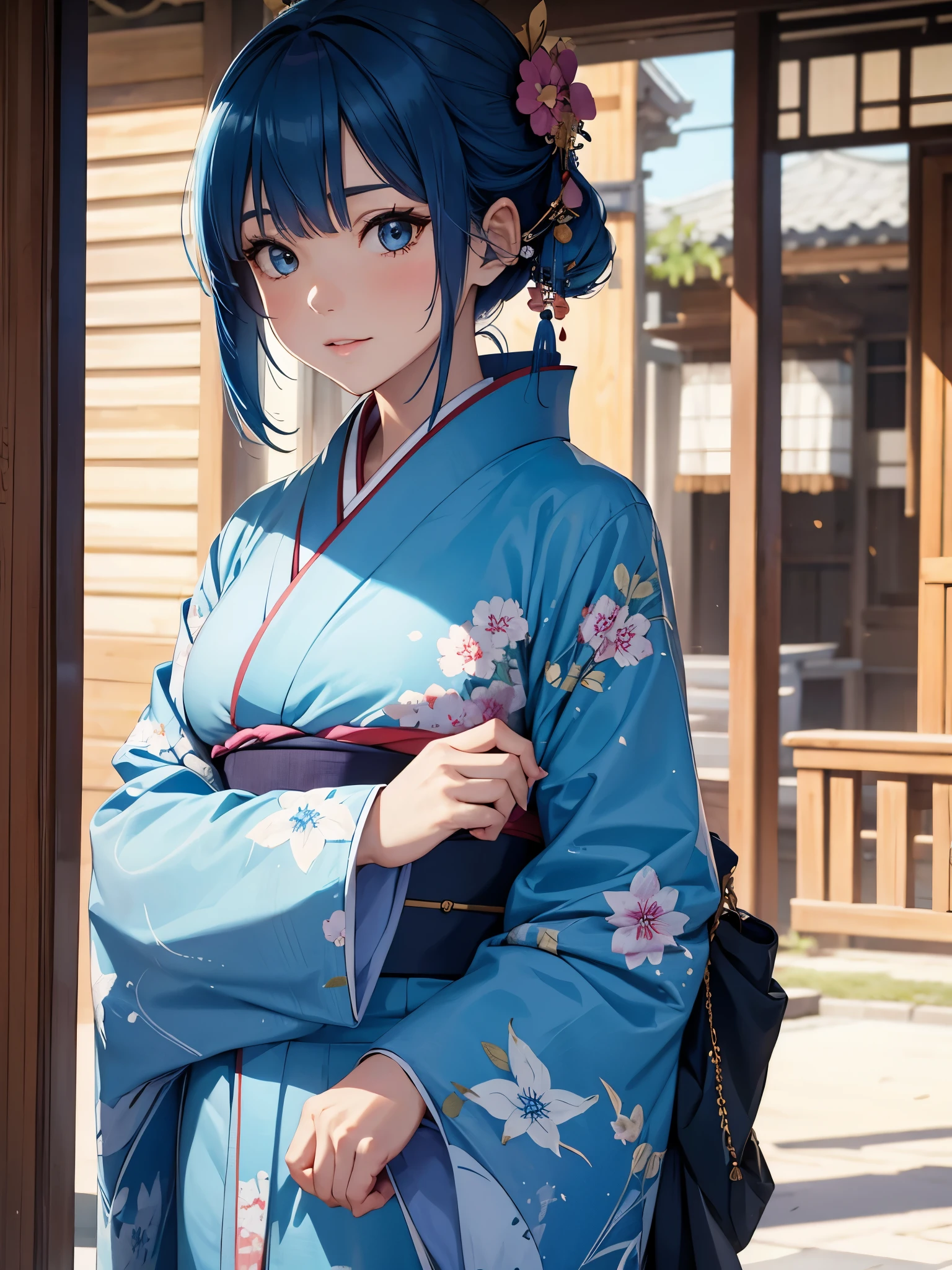 A mature girl, blue hair, kimono