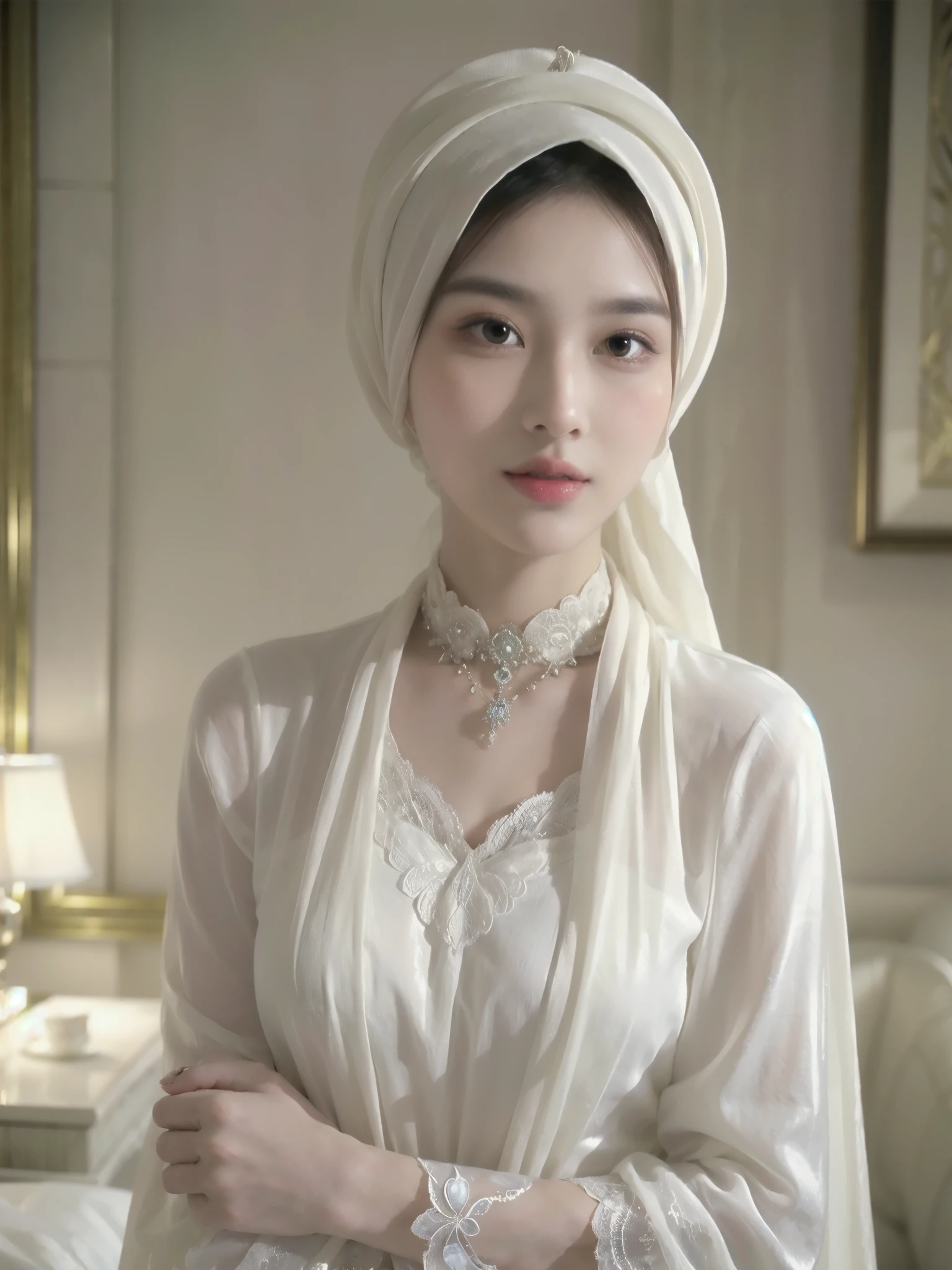 A stylish and elegant young woman wearing hijab from privileged society, her refined features exude sophistication and grace. This exquisite portrait, possibly a beautifully crafted oil painting, showcases her in a flowing gown of luxurious silk, adorned with intricate lace and delicate embroidery. Every meticulous brushstroke captures the essence of opulence, from the shimmering jewels adorning her neck to the intricate updo that perfectly frames her face. The image radiates an aura of wealth and stature, transporting viewers into the glamorous world of high society.