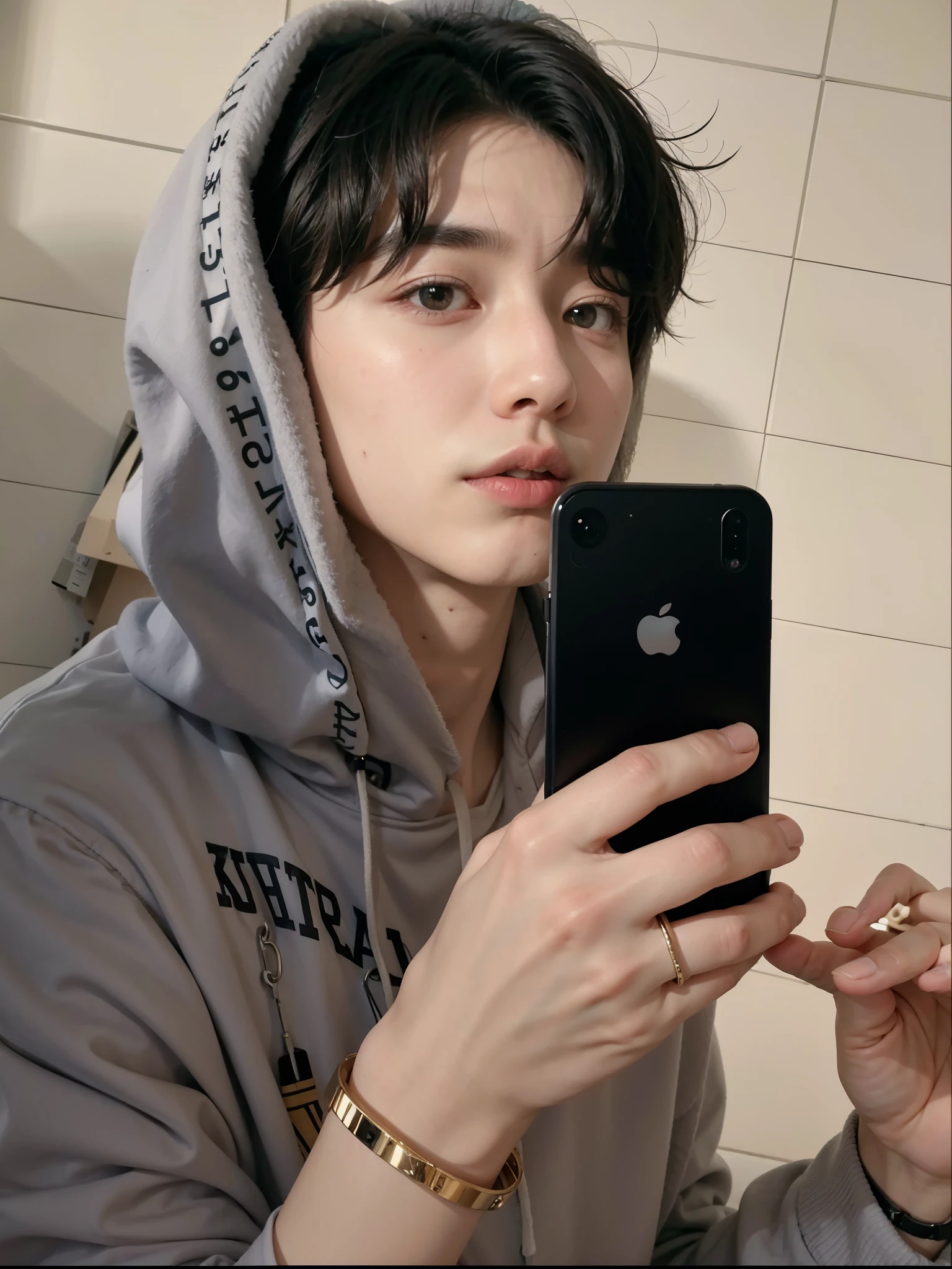 Homem com capuz cinza segurando um celular, male Ulzzang, Cai Xukun, Jung Jaehyun, Jinyoung Shin, fotografia selfie 8k, Kim Doyoung, inspirado em Zhang Han, taejune kim, Yanjun Chengt, hyung tae, imagem de perfil, Hong junho hyung, inspirado em jeonseok lee, homem sul-coreano, Ulzzang
