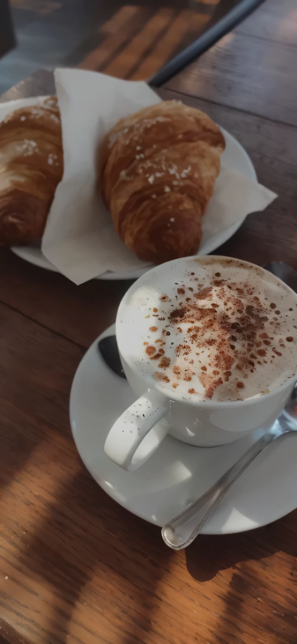 there is a cup of coffee and a croissant on a table, cappuccino, morning, morning coffee, late morning, coffee, morning time, good morning, in the morning, unedited, Tom Wenerstrand, with a cup of hot chocolate, coffee, morning sunlight, enjoying coffee at a coffee shop, in a coffee shop, breakfast, author: author: by Romain brook