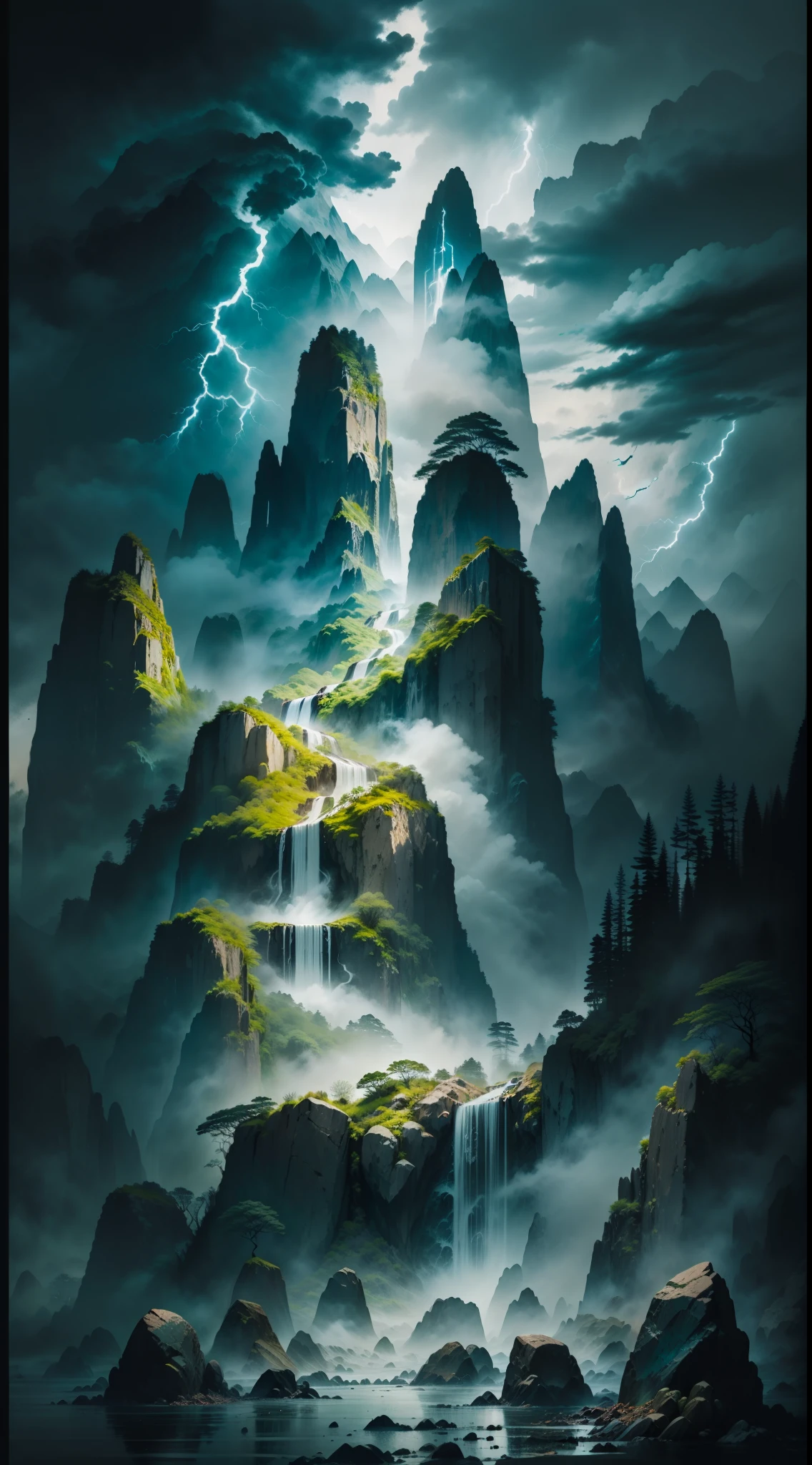 mysterious continent, Floating islands, (huge waterfall between two mountains:1.7), Luminism, Cubism, chiaroscuro, drop shadow, 360 view, vanishing point, UHD, masterpiece, super detail, best quality, highres, ccurate