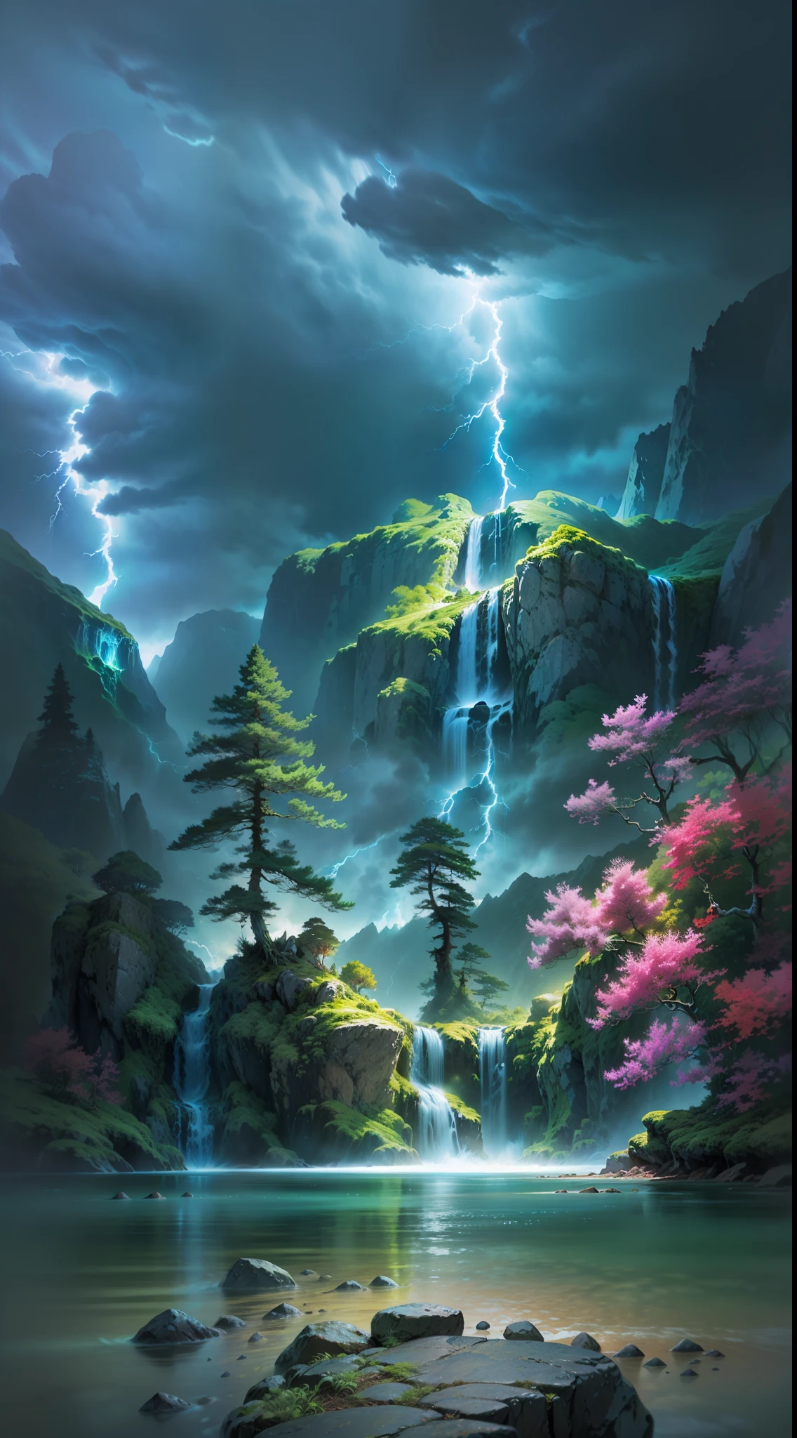 Very detailed detailed photos, Ultra-clear, Best image quality, Highest resolution, advanced, masterpiece, 16k, Ray tracing, particle light,, mysterious continent,Floating islands,Lightning and thunder in the sky,huge waterfall between two mountains