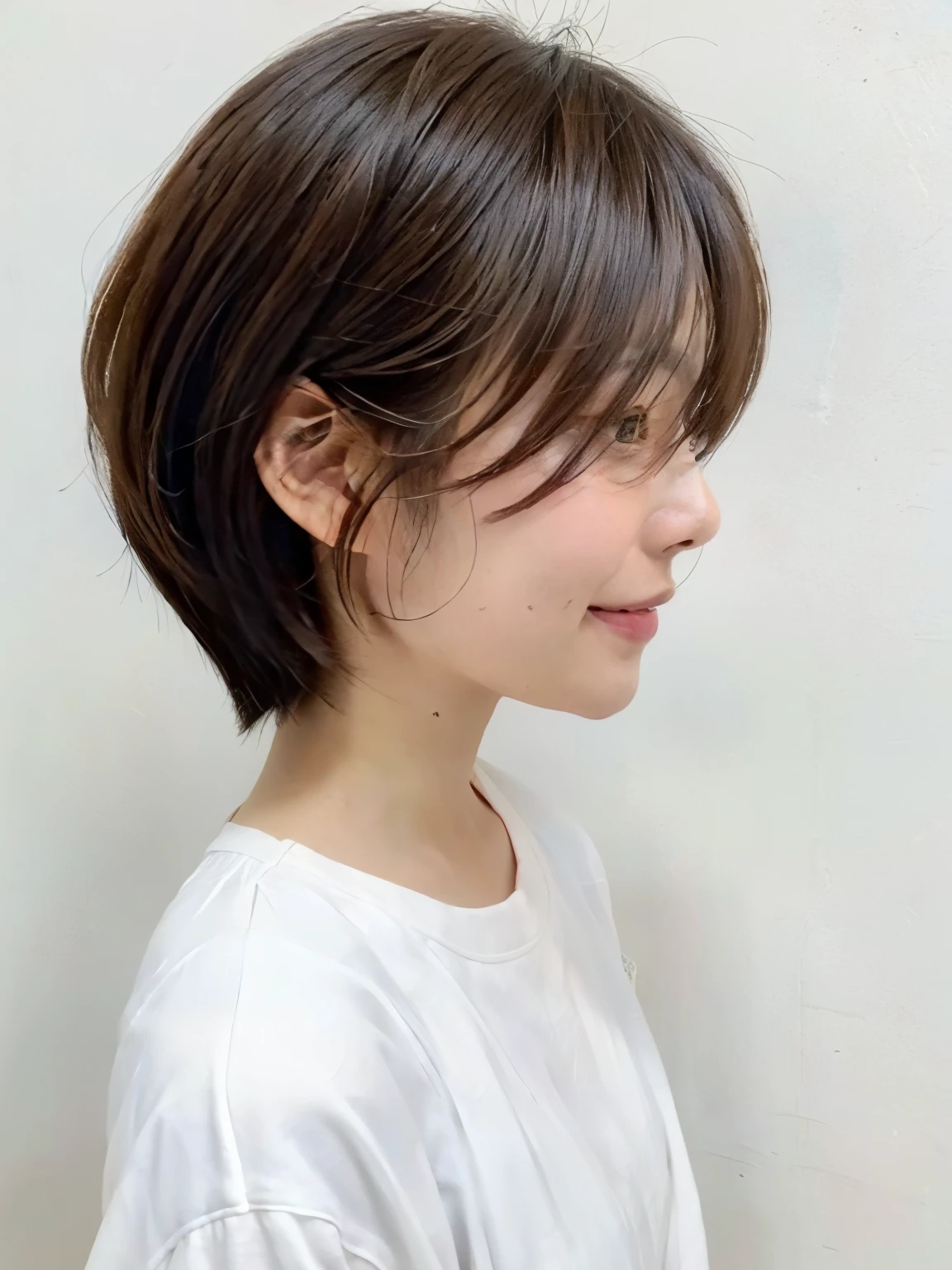 (8k、RAW photo、highest quality、masterpiece:1.2)、ライトピンクのlong sleeve dress、High-definition RAW color photo、professional photos、(realistic、photo realistic:1.37)、Photographed in natural light、1 girl、laughter、white wall、Taken in front of the white door、Various poses、break (ombre:1.3) 、spring clothes、simple necklace、long sleeve dress、(Beautiful profile:1.3)、don't look at the camera、profile、bob、bobヘア、bob cuts、((Hair color is dark brown))