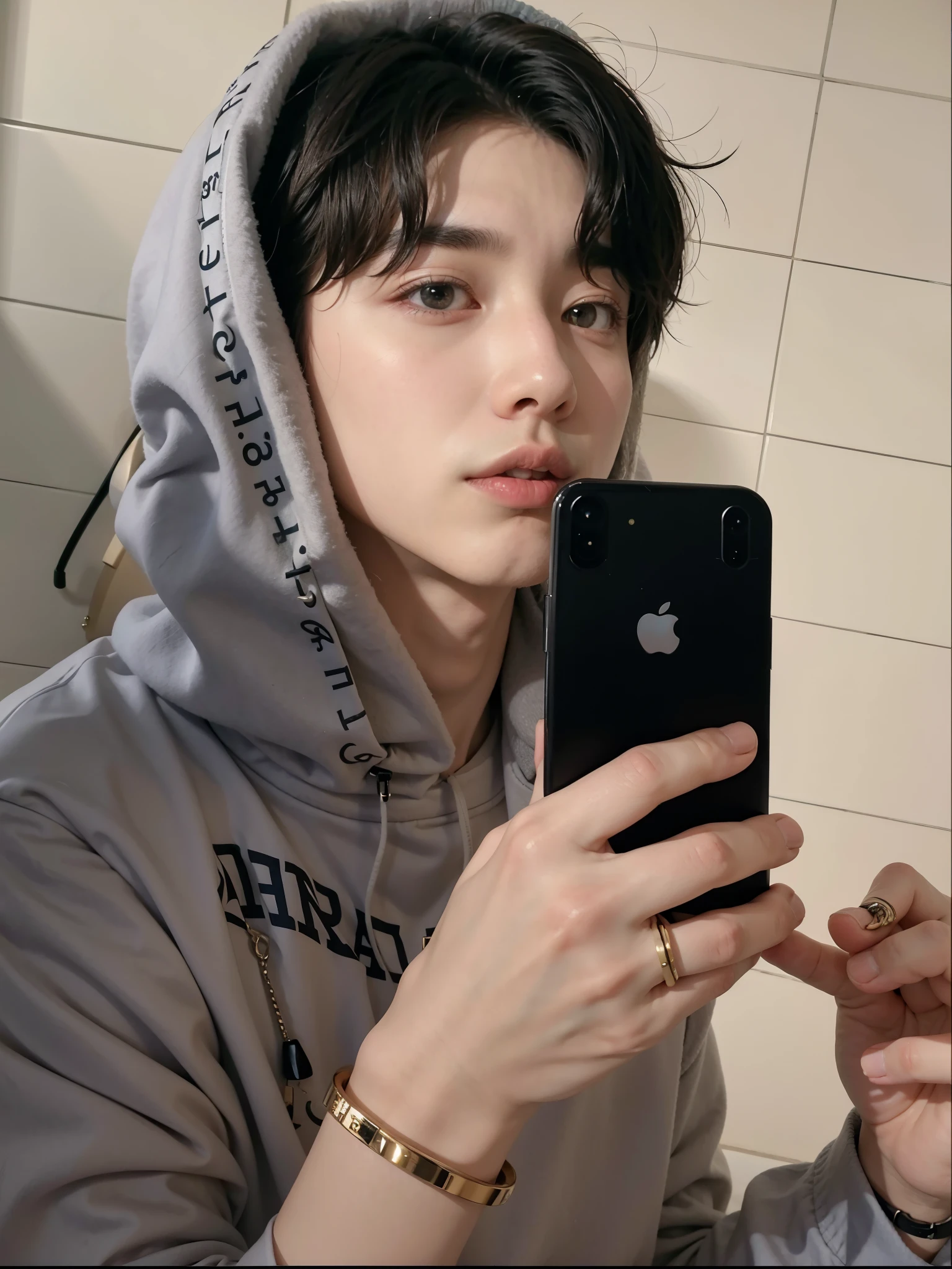 Homem com capuz cinza segurando um celular, male Ulzzang, Cai Xukun, Jung Jaehyun, Jinyoung Shin, fotografia selfie 8k, Kim Doyoung, inspirado em Zhang Han, taejune kim, Yanjun Chengt, hyung tae, imagem de perfil, Hong junho hyung, inspirado em jeonseok lee, homem sul-coreano, Ulzzang