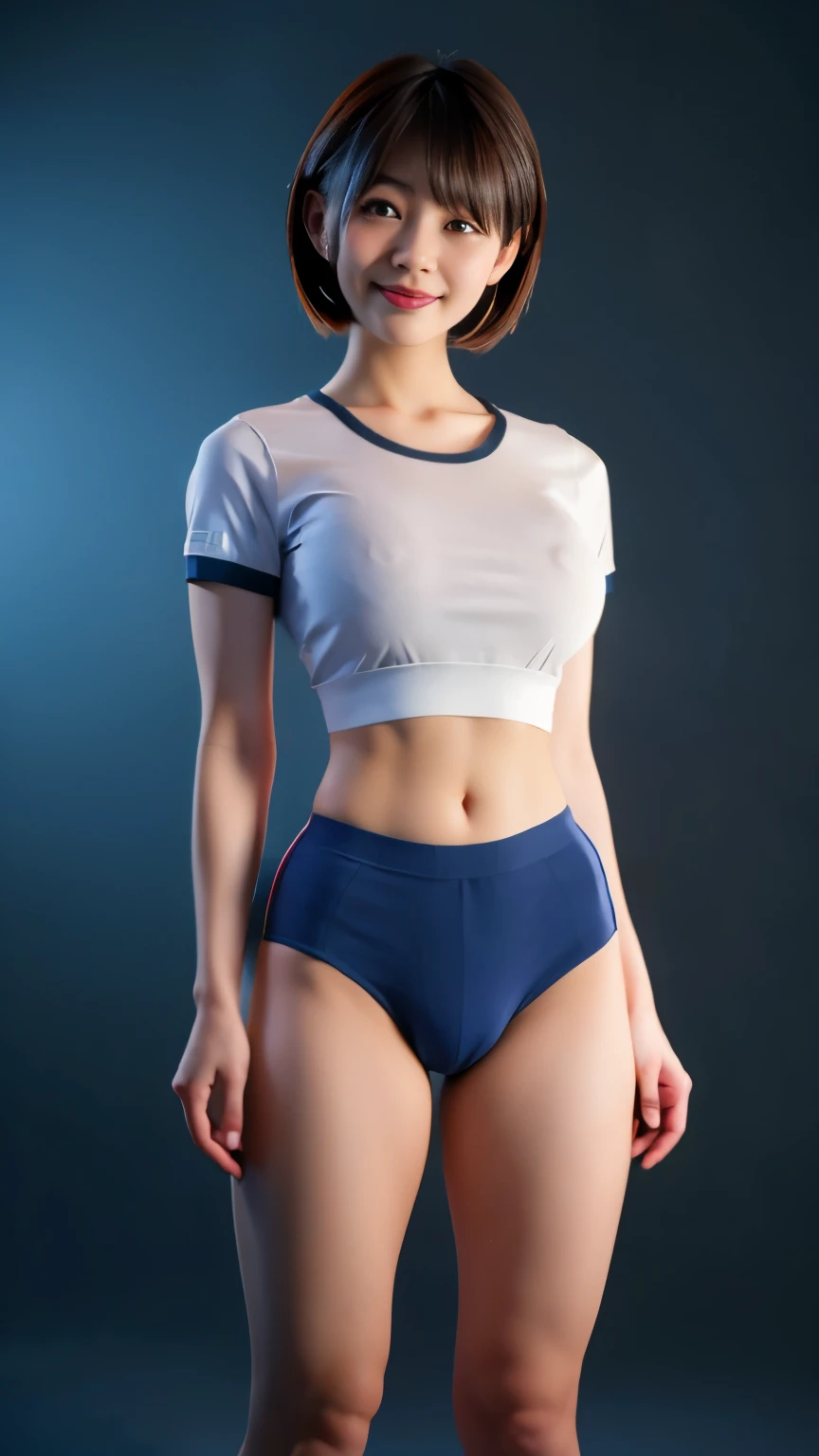 mix 4, The 20th, 一人in, short_hair, shirt, expensive_heels,full_body, look_in_viewer, (8K, Raw photo, highest quality, masterpiece:1.2), (realistic, photorealistic:1.37), professional lighting, photon mapping, radio city,Physically based rendering、body操服(White T-shirt with lines on the cuffs)and put on bloomers、Wearing dark blue bloomers、Dark blue bloomers thin fit into your crotch、expensive leg bloomers、Simple bloomers、sneaky smile、young japanese woman、super big breasts、nipple erection、expensive socks、sneakers、sexy pose、spread your legs、bodyにフィットしたブルマ、full body portrait