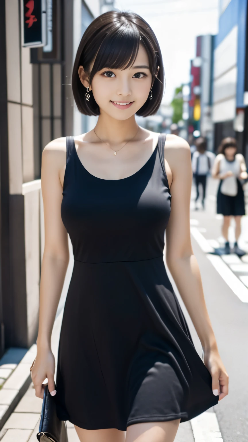 (Masterpiece, Best quality, RAW photo, Surrealism, 8k, Super detailed, Super beautiful), 
(maiko, Realistic skin, Beautiful and cute face, Round face, Black hair, Moist eyes, Shining eyes, Short bob cut, Bangs, Down-slating eyebrows, one little earring, Light blush, 18 years old, Japanese girl), 
(Anatomically correct, Perfect human body, slim waist and big breast style, Slim waist, Slender legs, Large breast), 
((Camisole ankle length dress, sneakers)), 
(turn the body forward, Open legs and show inner thighs, Look at the viewer), 
(goddess smile), 
(Tokyo, A casual street where many teenagers walk, many young people walking), 
Natural lighting, full length, whole body, angle from below