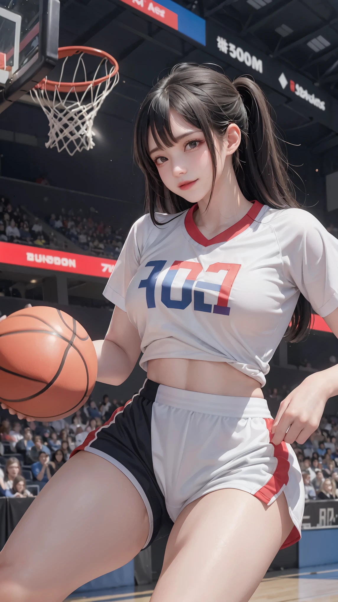 (girl wearing jersey number 10)|(1 girl wearing a size 10 shirt:1.5),jump,Violent buckle,(Basketball basket:1.2),perfect muscle lines,The perfect portrayal of sweat distribution,Bright ceilings