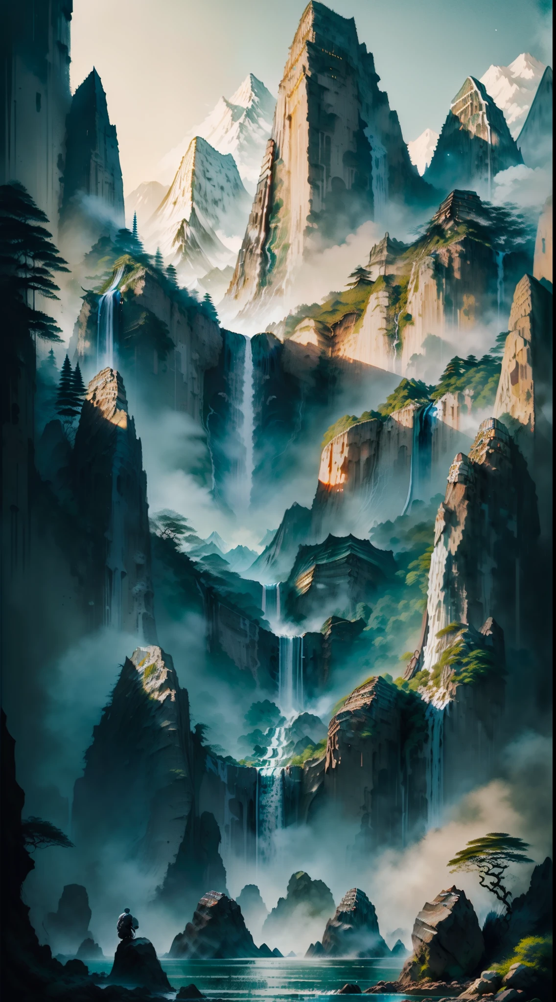 mysterious continent, Floating islands, (huge waterfall between two mountains:1.7), Luminism, Cubism, chiaroscuro, drop shadow, 360 view, vanishing point, UHD, masterpiece, super detail, best quality, highres, ccurate