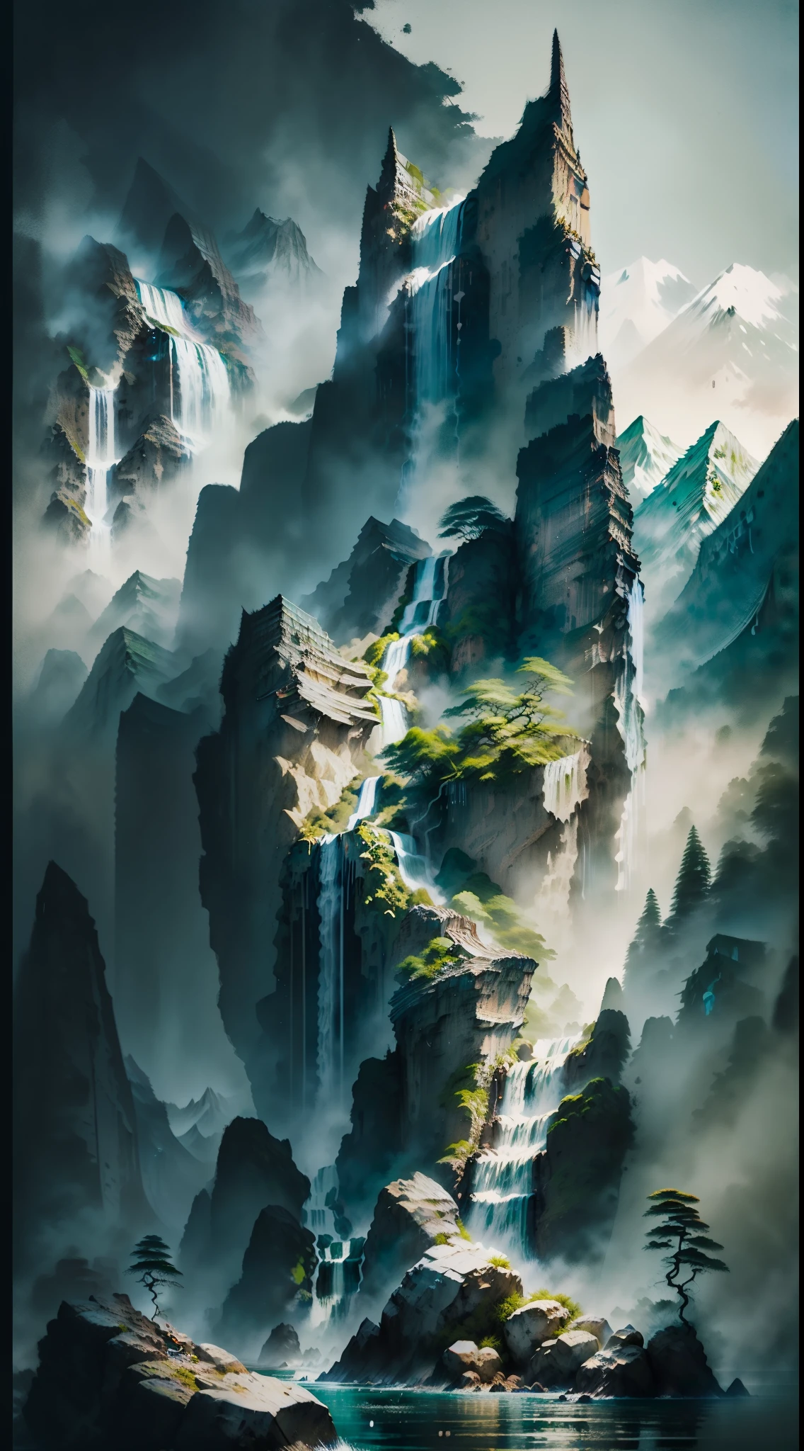 mysterious continent, Floating islands, (huge waterfall between two mountains:1.7), Luminism, Cubism, chiaroscuro, drop shadow, 360 view, vanishing point, UHD, masterpiece, super detail, best quality, highres, ccurate