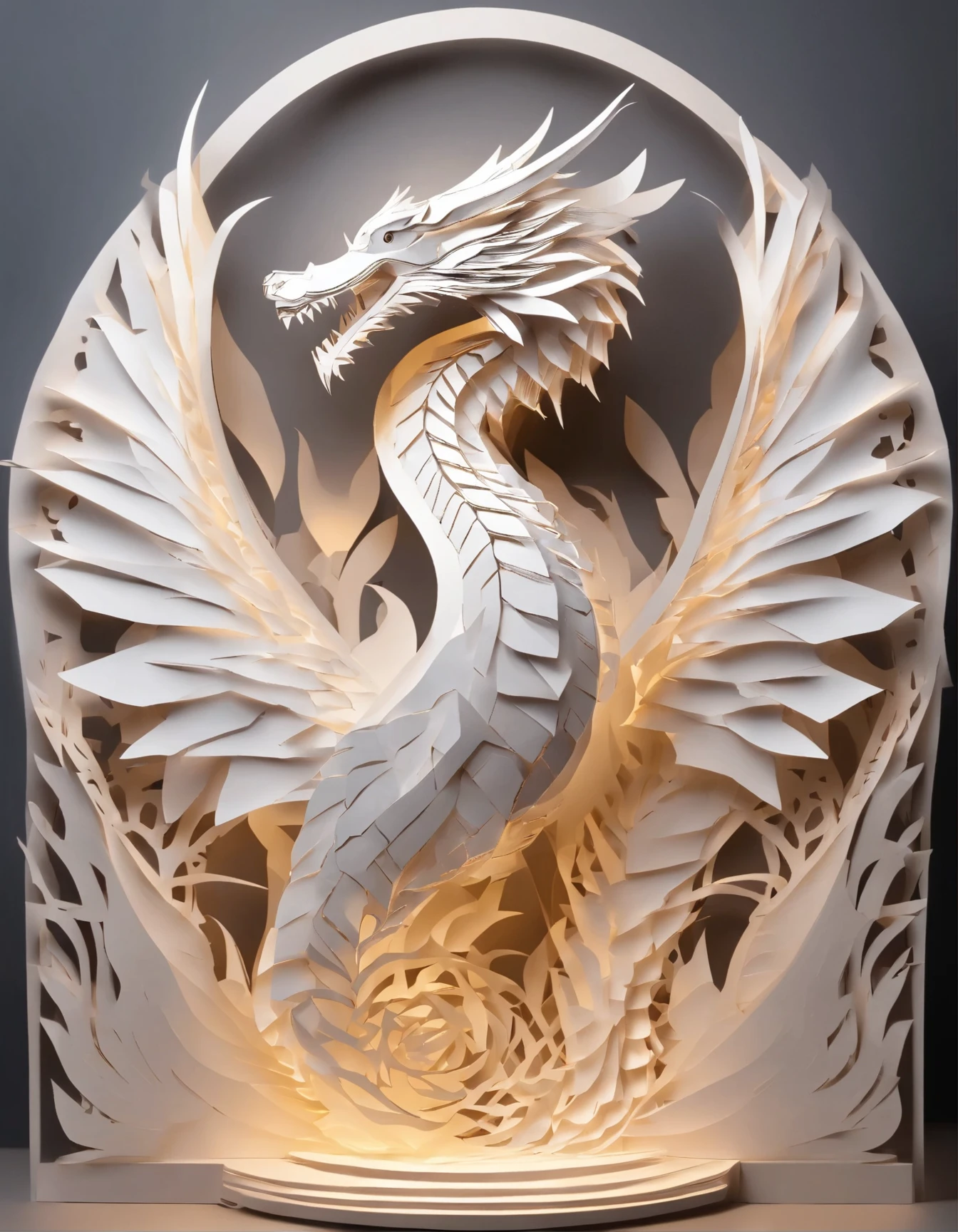 Papel multidimensional ，product display photo， , usando papel bicolor ，Close-up of dragon kirigami origami craft, papel colorido，dramatic lights