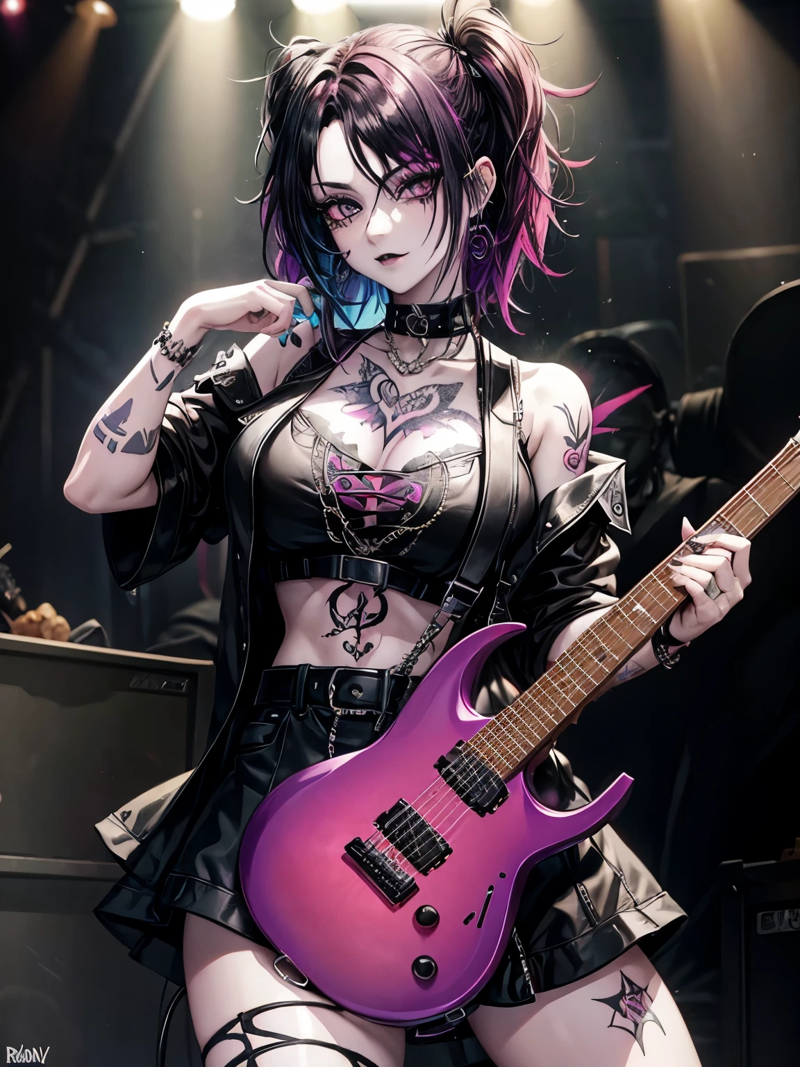 goth, color:spectrum, excited, bright rainbow hair, pale skin, smoky eyes, vivid colors, on stage, punk rock hairstyle, short messy hair, black lips, technicolor, huge breasts, chest tattoos, tattoos, neck tattoo, entire body covered in tattoos, electric guitar