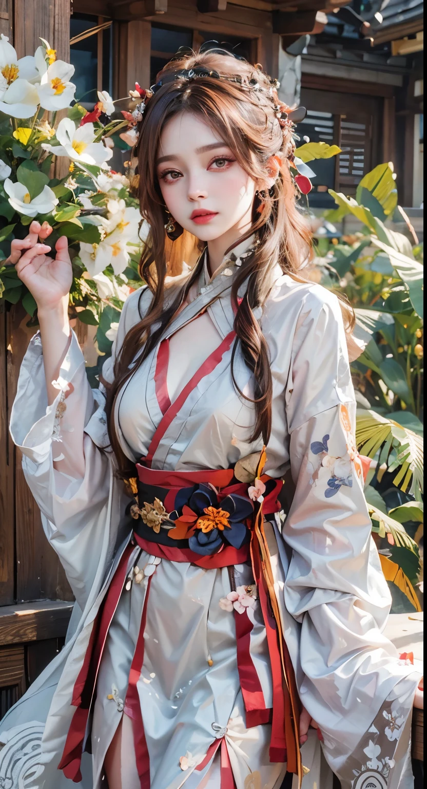 lifelike, masterpiece, lifelike, high resolution, soft light, Buttocks up, red eyes, Hanfu, brown hair, long hair, red headdress,huge ,Showing cleavage,wedding hanfu,oversize clothes, jewelry, tattoo, Cherry blossoms,