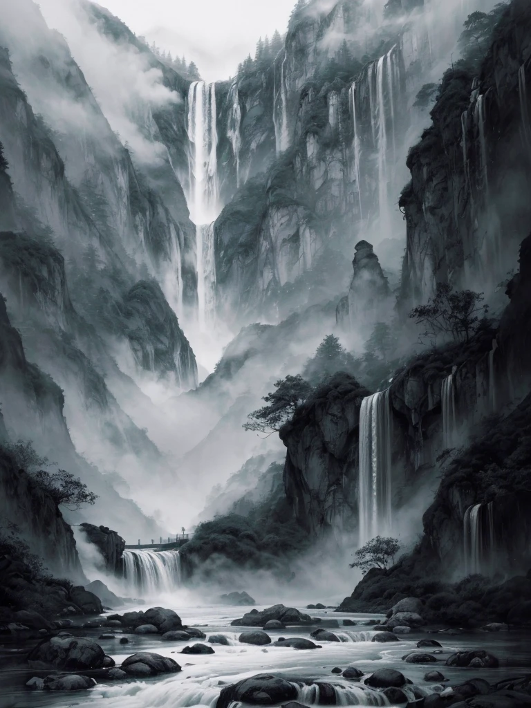 (monk, getting hit by a waterfall, splash hard), (traditional Chinese painting, ink and wash, minimalistic style, black and white), (serene environment, misty mountains, flowing water, lush vegetation), (best quality, highres, ultra-detailed), (zen-like, calm, peaceful), (subtle shades of gray, contrast), (soft, diffused lighting)