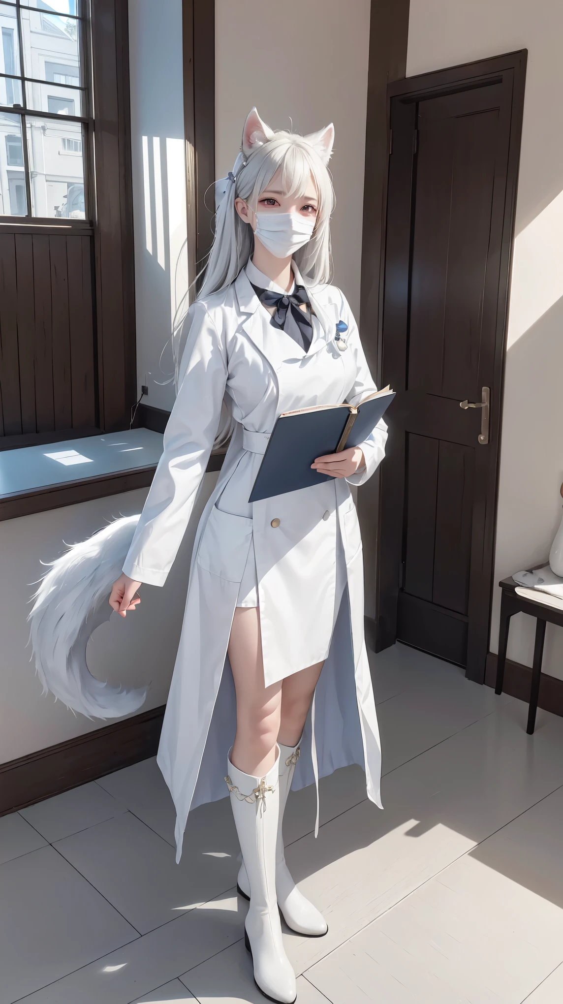 individual, white body, muscle tissue, standing in front of the glass door, bow your head, take notes, Serious expression, frown (doctor clothing,, white mask, notebook, blue pen, white boots, black pattern: 1.2), wolf tail, wolf ears, ((bust)), (indoor: 1.35), Incandescent indoor lighting, hospital corridor, shadow (particle, soft light, white glow): 1.3, white coat, anatomically correct, minimalist background, cartoon, warm color, soft lines