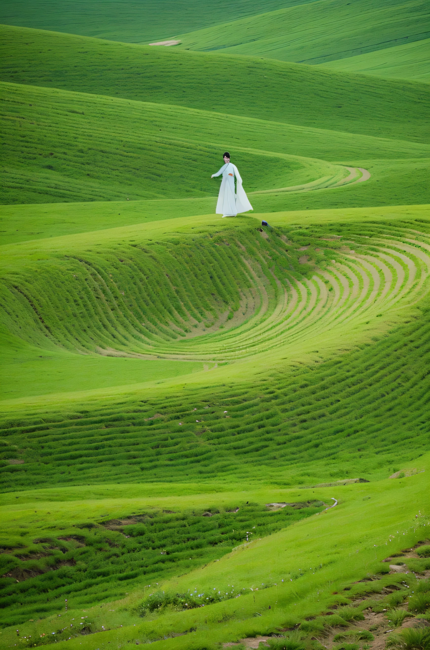 in long green grass,Woman wearing Hanfu is swimming, In the style of Marcin Sobas, undulating lines, The wind and grass are blurry.,Ed Freeman, National Geographic Photos, Konica Big Mini, He Fan, organic pattern