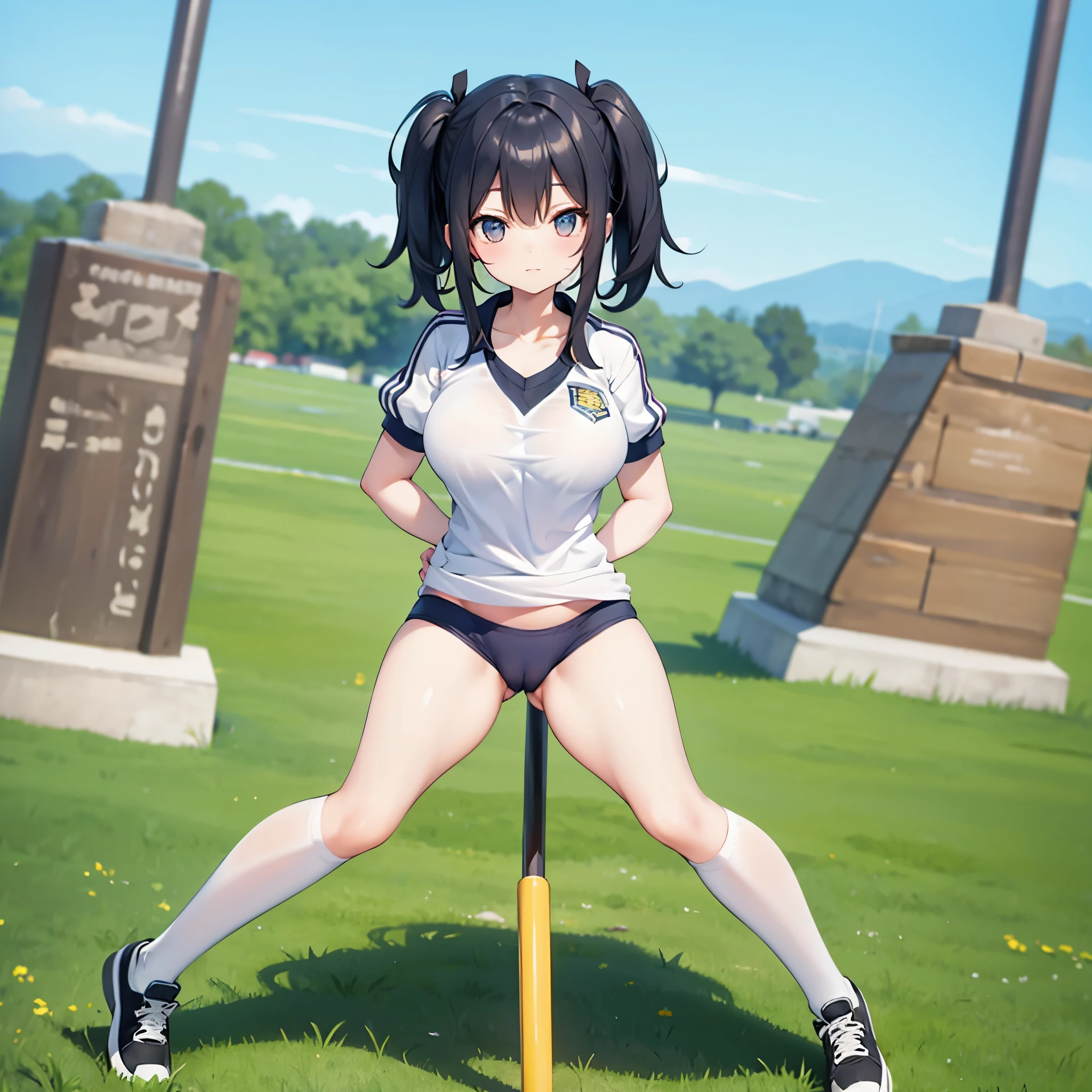 (solo short girl standing on school field), (very short tight brm), gym uniform, (bending back:1.3), (show off cameltoe for viewer:1.3), bouncing unaligned large breasts