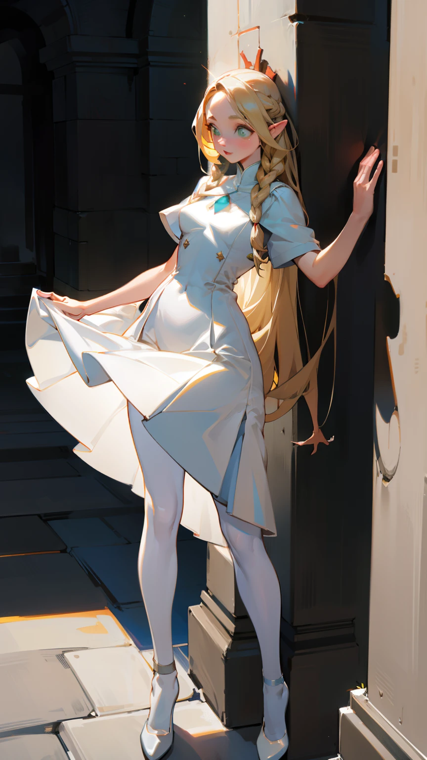 glow,masterpiece, beautiful, 4K, best quality, cute face, pantyhose,whole body,standing posture,white dress,High slit