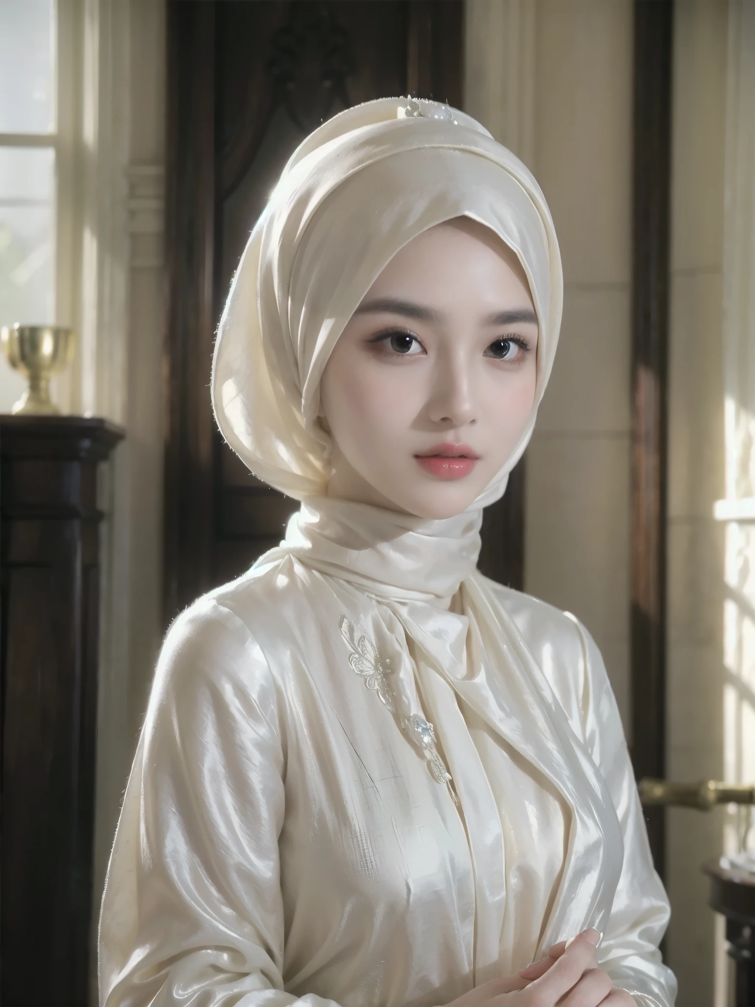 A stylish and elegant young woman wearing hijab from privileged society, her refined features exude sophistication and grace. This exquisite portrait, possibly a beautifully crafted oil painting, showcases her in a flowing gown of luxurious silk, adorned with intricate lace and delicate embroidery. Every meticulous brushstroke captures the essence of opulence, from the shimmering jewels adorning her neck to the intricate updo that perfectly frames her face. The image radiates an aura of wealth and stature, transporting viewers into the glamorous world of high society.