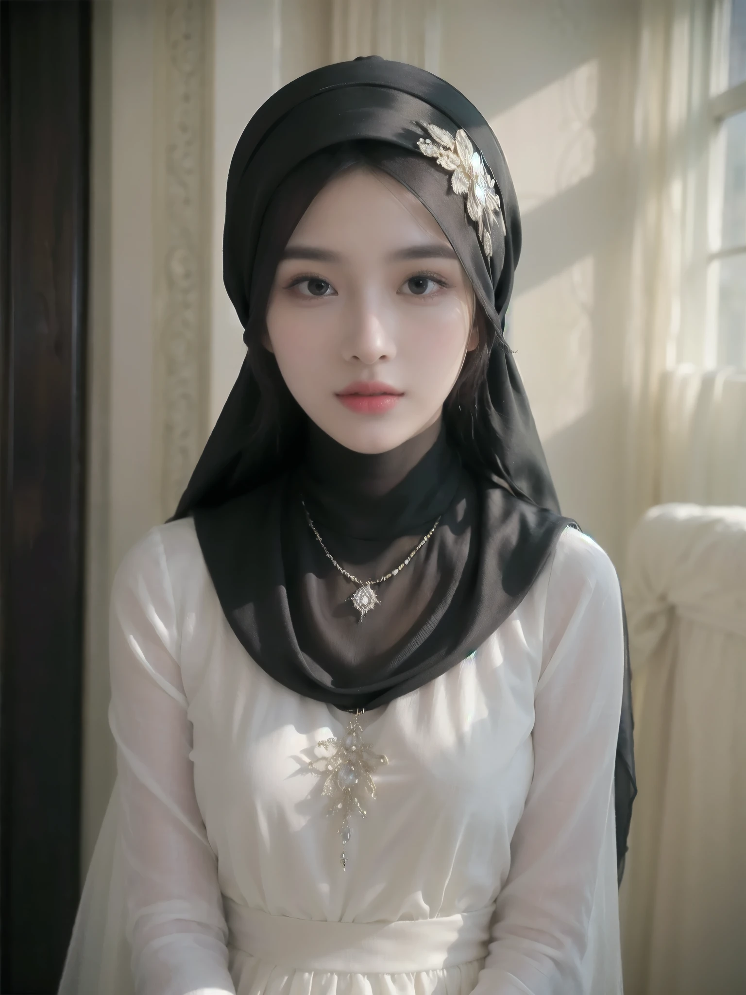 A stylish and elegant young woman wearing hijab from privileged society, her refined features exude sophistication and grace. This exquisite portrait, possibly a beautifully crafted oil painting, showcases her in a flowing gown of luxurious silk, adorned with intricate lace and delicate embroidery. Every meticulous brushstroke captures the essence of opulence, from the shimmering jewels adorning her neck to the intricate updo that perfectly frames her face. The image radiates an aura of wealth and stature, transporting viewers into the glamorous world of high society.