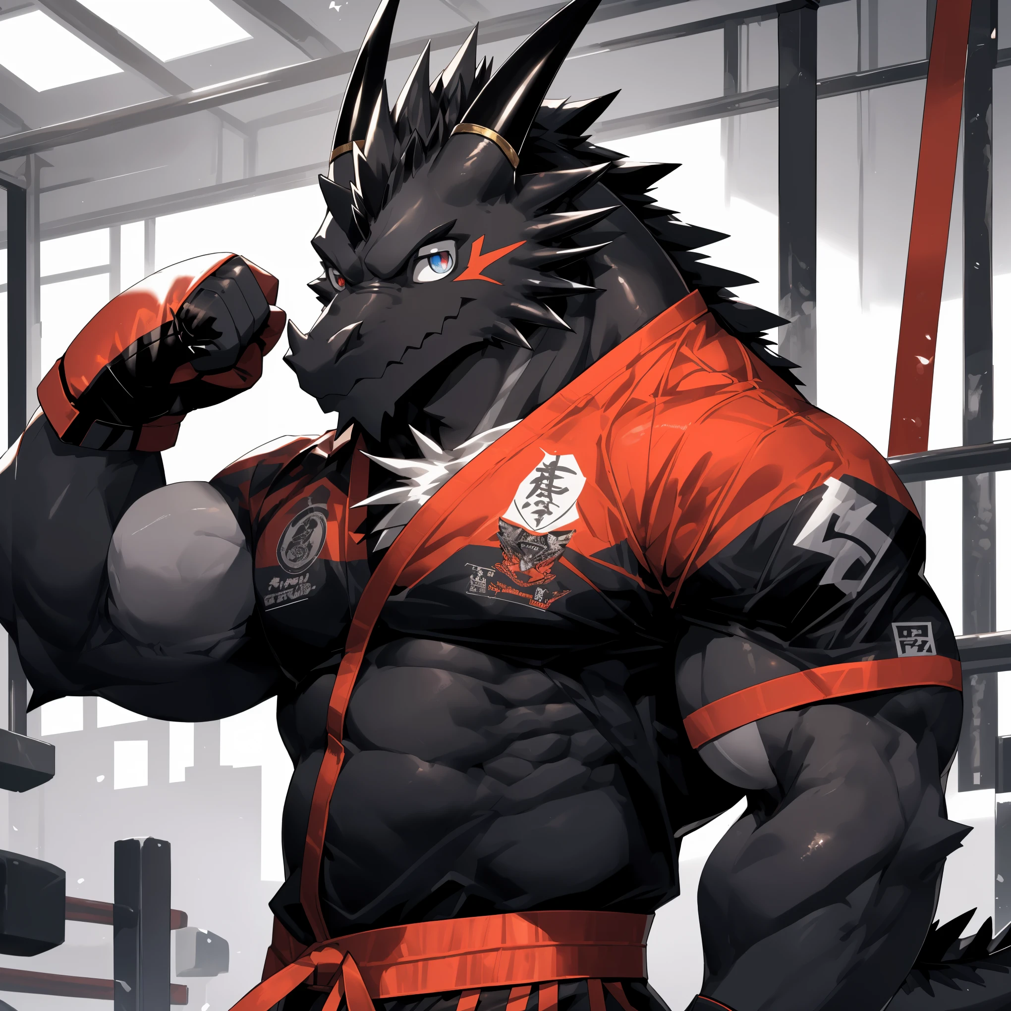 disney,anime character with Black dragon , Black dragon_beast, Firmware version, high resolution committee, ((Black dragon)), only, muscular!, anthropomorphic dragon, Black,Black!,Black!!muscular character, dragon, super detailed!!, beefy, black all over, 全身Very rich in details,(32k),(black all over:1.2),(The two eyes are not the same color，different color:1.8),HD,(Wearing Taekwondo uniform:1.5),alone,(express contempt:1.3),hope,(One eye is blue，The other eye is golden:1.8),(A pair of eyes with different pupil colors:1.5),(Serious:1.6),(boxing gym:1.5),(Look at you head-on:1.5),(Close-up of the bust:1.3),((Blackfur)),(Very rich in details:1.3),(strike a mighty pose:1.2),(forehead band:1.2)