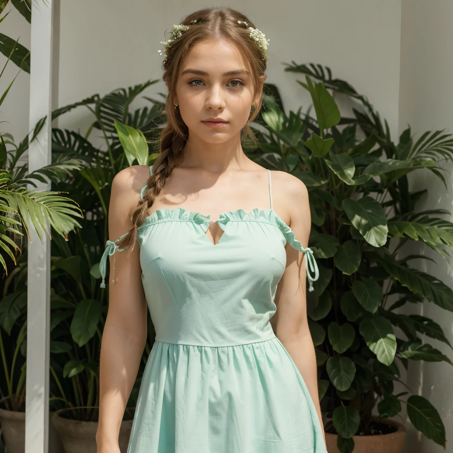 1 garota,high resolution, alta qualidade, obra de arte, mxmkVestido Branco, ombro nu, olhos roxos, vestido branco, Braid