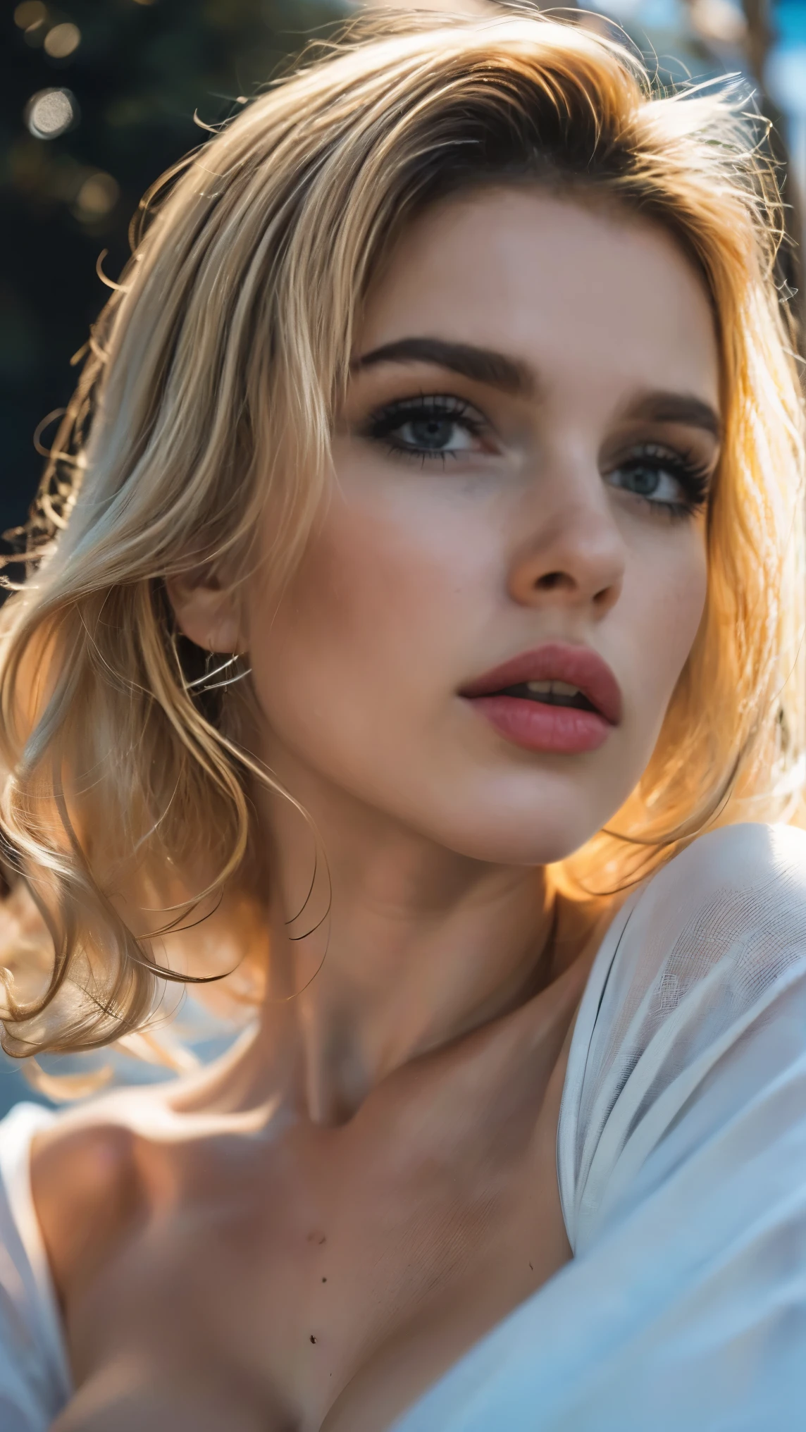 (((ultra realistic))) Photo, masterpiece, top quality, (pale skin), (Ultra detailed face and eyes:1.1), 1 girl, Adult, deep neckline, (Eye makeup, mascara) , ((large detailed lips)), ((blonde wavy hair)), ((Chyolka)) , ((Natural breasts)). ((Posing)), photoshoot, studio ((contour light)), (The play of light and shadows), depth of field, bokeh, (special attention to skin detail: 1.2), (Cold atmosphere of the frame, Bright colors, Colours black), ((portrait, close to the camera)) , ultra detialed,