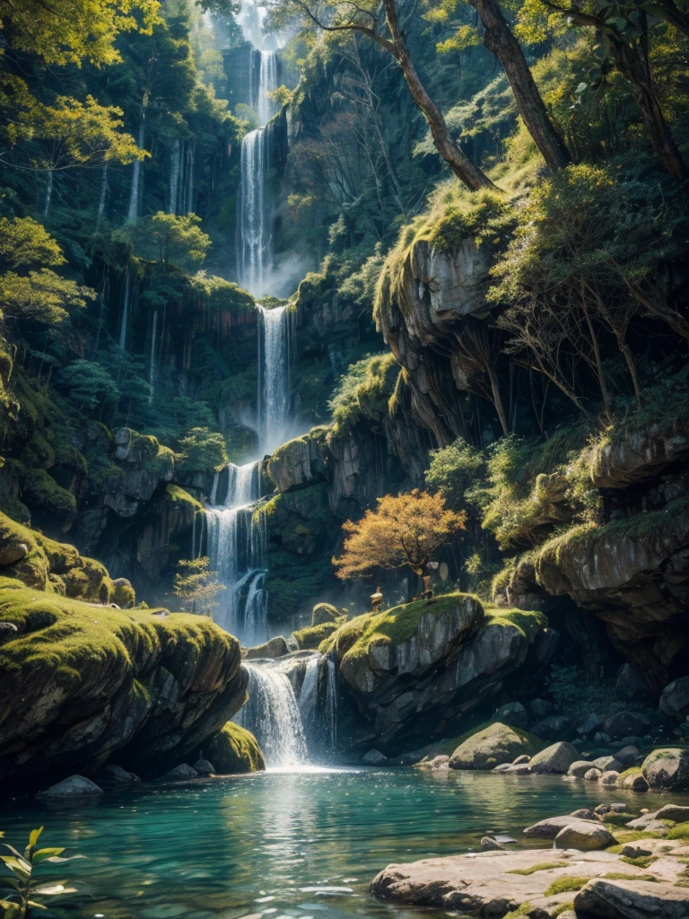 (best quality,4k,8k,highres,masterpiece:1.2),ultra-detailed,(realistic,photorealistic,photo-realistic:1.37),monk getting hit by a waterfall,portraits,landscape,meditative,historical,mystical,serene,tranquil,spiritual,waterfall crashing against the rocks,wooden bridge,ancient pagoda,flowing robes,eternal wisdom,soft mist,faint sunlight,golden hue,vibrant greens,breathtaking scenery,peaceful silence,sacred atmosphere,blissful harmony,gentle breeze,meditation beads,serenity in chaos,sublime beauty,majestic power,serene expression,calm determination,sacred rituals,connection with nature,divine intervention,transcendental experience,flowing water symbolizing impermanence,deep enlightenment.
