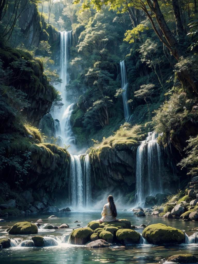 (best quality,4k,8k,highres,masterpiece:1.2),ultra-detailed,(realistic,photorealistic,photo-realistic:1.37),monk getting hit by a waterfall,portraits,landscape,meditative,historical,mystical,serene,tranquil,spiritual,waterfall crashing against the rocks,wooden bridge,ancient pagoda,flowing robes,eternal wisdom,soft mist,faint sunlight,golden hue,vibrant greens,breathtaking scenery,peaceful silence,sacred atmosphere,blissful harmony,gentle breeze,meditation beads,serenity in chaos,sublime beauty,majestic power,serene expression,calm determination,sacred rituals,connection with nature,divine intervention,transcendental experience,flowing water symbolizing impermanence,deep enlightenment.