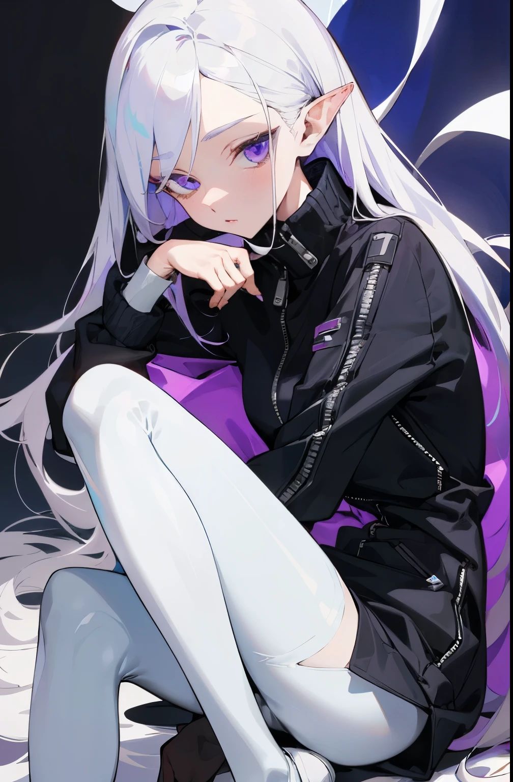 (masterpiece, best quality) detailed, 1character , blue archive art style , Wearing black tights, silver accessories , zip up , futuristic, shining , beautiful woman , pale skin , purple eyes ,elegant, rich man , pure white hair , pointed ears , long eyelashes , 23 years old,
 , Soft faded color , Cell shadowing ,