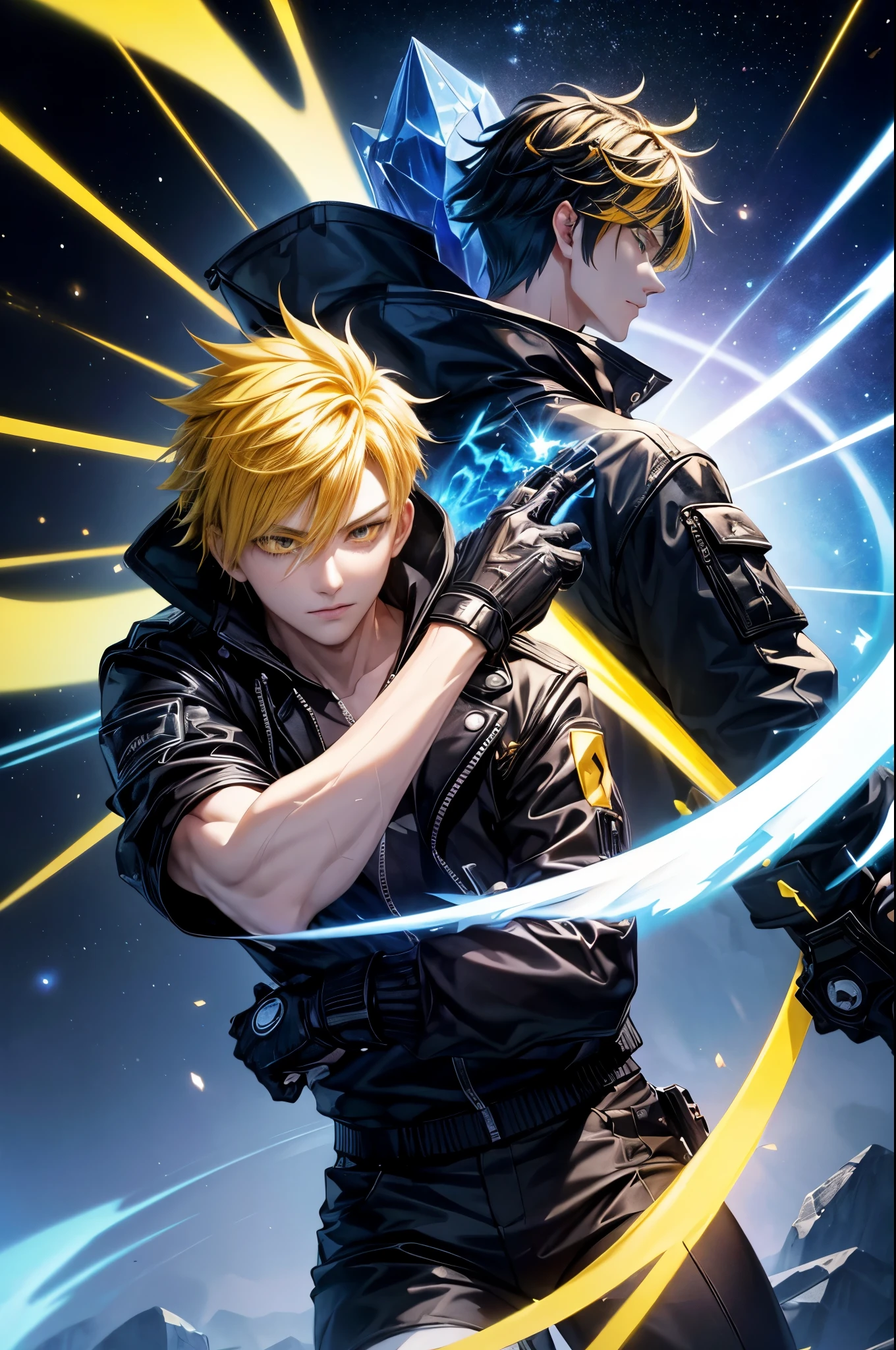 1boy,soft face,confident,young adult, simple clothes,wearing a black jacket, blue ice energy all around, ice, blizzard, (yellow eyes), ((yellow hair)),short messy unkept hair, highest quality digital art, Stunning art, wallpaper 4k, highly detailed,BREAK, (anime style), epic, space star cosmos unreal engine 5 scenario