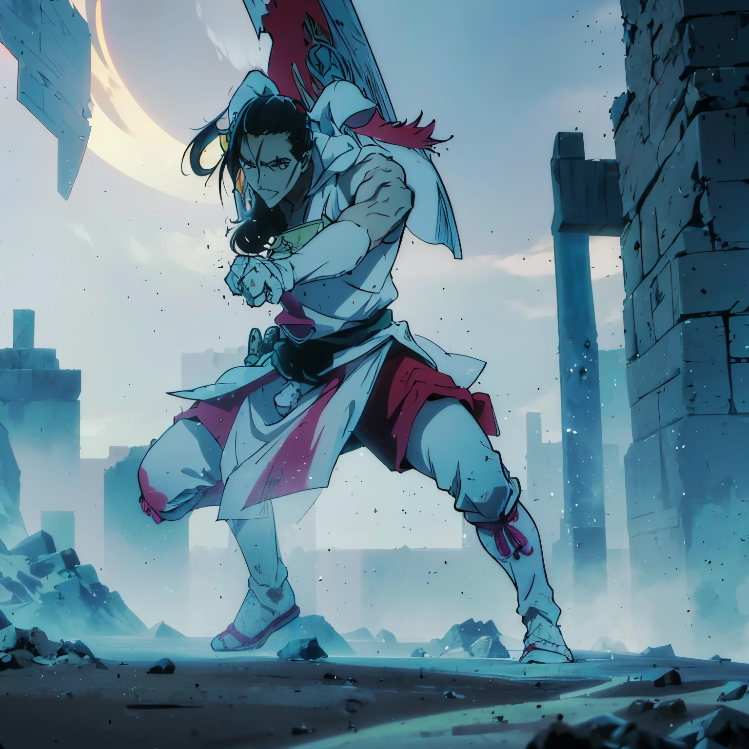<lora:Paint_style-000007:.8> , a warrior fighting, blood , ghibli, a detailed matte painting, snow