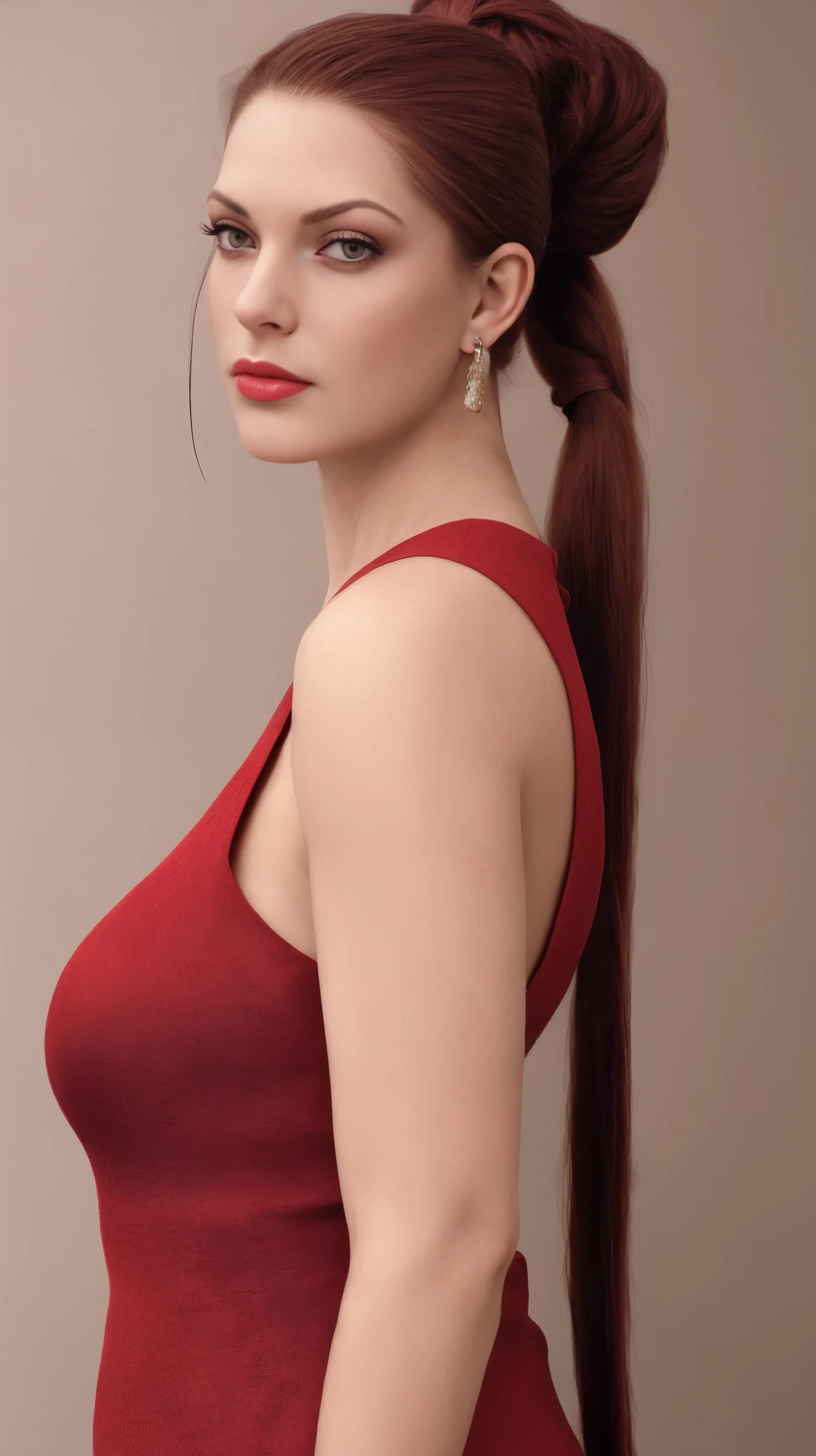 medium body of seductive woman, her looking at viewer, (long_ponytail_hairstyle:1.5), burgundy hair, exaggerated tightly ((combed back slicked-back hair)), very long hair, wet slick looking hair, deep black hair, (((Slicked-Back Hair by Vidal Sassoon, by Sally Hershberger ))), her face replaced with (nalci01)'s face without hair, frequent lashes, regular lashes, (dark brown eyes by Rembrandt), (Asymmetric Red Dress), (in a department store:1.1), (masterpiece:1.5) (photorealistic:1.1) (bokeh) (best quality) (detailed skin texture pores hairs:1.1) (intricate) (8k) (HDR) (wallpaper) (cinematic lighting) (sharp focus), eyeliner, (painted lips), (earrings), (vivid atmosphere), RAW candid cinema, 16mm, color graded portra 400 film, remarkable color, ultra realistic, textured skin, remarkable detailed pupils, realistic dull skin noise, big breast, visible skin detail, skin fuzz, oily skin, shot with cinematic camera, ((front view, Straight-on)), detailed skin texture, (blush:0.5), (goosebumps:0.5), subsurface scattering