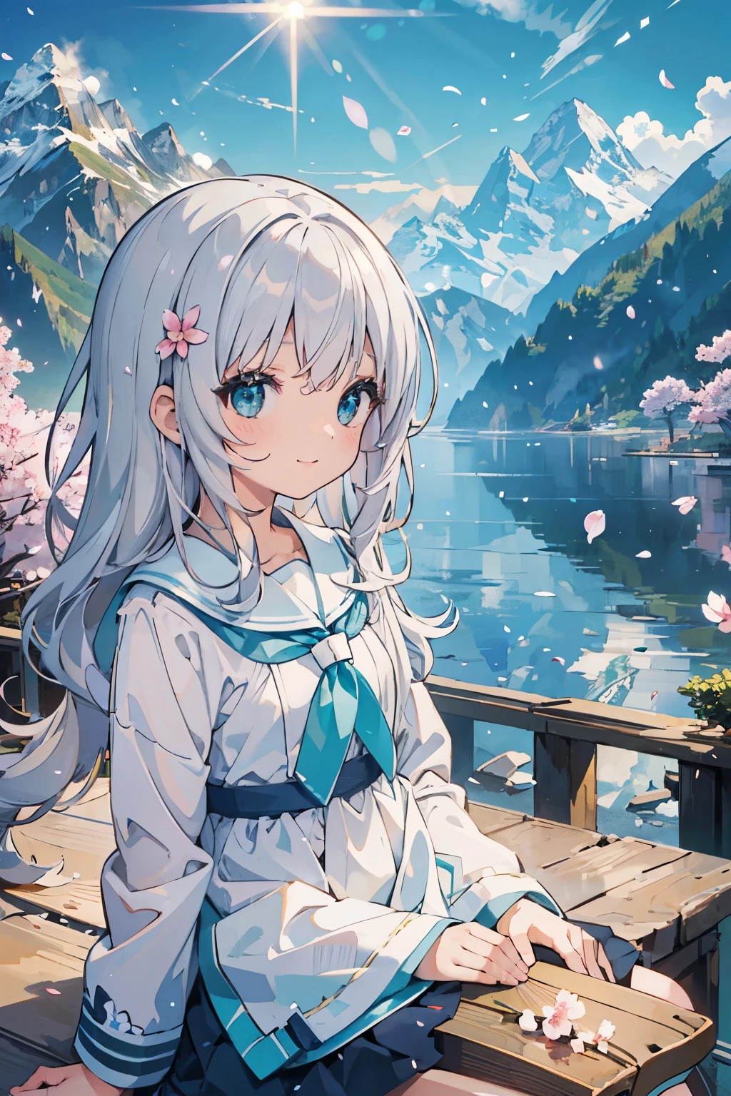 (masterpiece), scenery, mountainous horizon, cherry blossoms, petal, particles of light, Upper body, 1 girl, crew, wavy hair, floating hair, smile, sitting, open your mouth, particles of light, silver hair, aqua eye, looking at the viewer, face focus