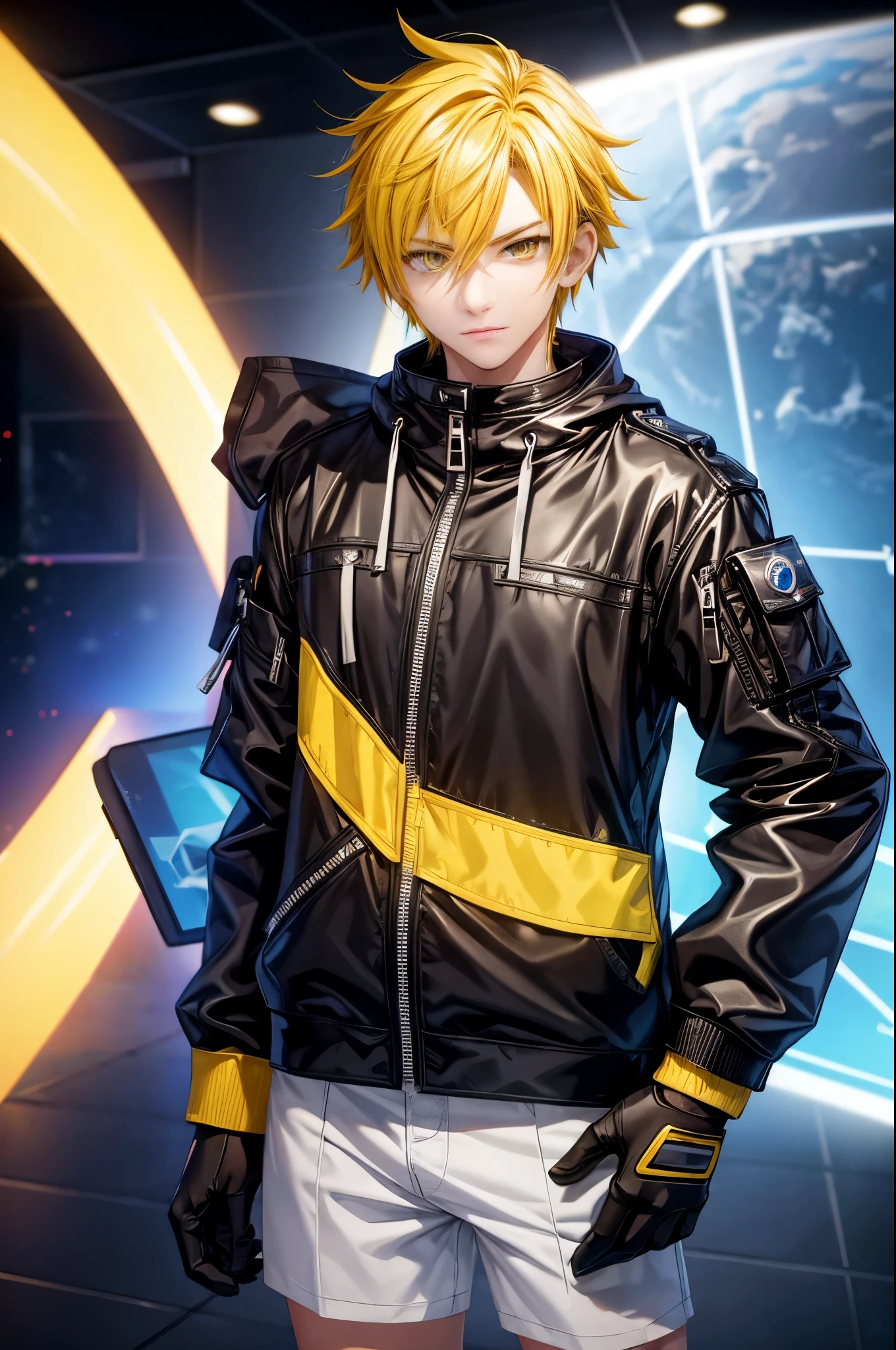 1boy,soft face,confident,young adult, simple clothes,wearing a black jacket, blue ice energy all around, ice, blizzard, (yellow eyes), ((yellow hair)),short messy unkept hair, highest quality digital art, Stunning art, wallpaper 4k, highly detailed,BREAK, (anime style), epic, space star cosmos unreal engine 5 scenario