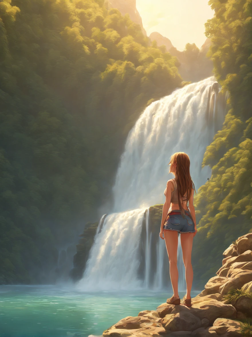 she is in a waterfall in a bikini looking at the sun