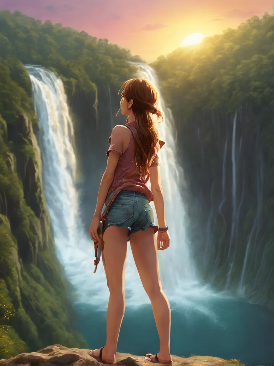1girl,beautiful girl,Wearing colorful denim sportswear,((big waterFall:1.8)),(big waterFall under the sunset)、((A girl looking up at the waterfall from directly below it)),ethereal beauty,(anatomically correct,perfect body proportions,The character ratio is only 1 of the image/8),lake surface,big woods,realism,ultra high definition,retina,masterpiece,best quality,Very detailed