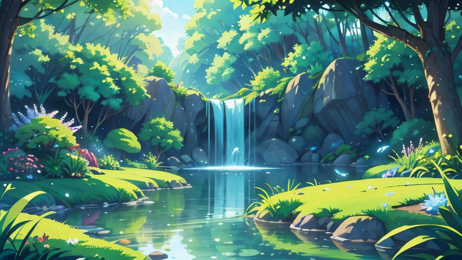 (best quality,4k,8k,high resolution,masterpiece:1.2),Super detailed,(actual,photoactual,photo-actual:1.37),charming lake, soda water, peaceful的气氛, peaceful, sedation, peaceful, shimmering reflection, floral environment, fragrant flowers, Smooth stone, nature美, like story, Sunlight, sparkling waterfall, transparent water curtain, elegantly layered, fine mist, refreshing breeze, nature, dappled sunshine, dancing shadows, ethereal, magical atmosphere, Lush green plants, whispering leaves, playful ripples, of colors, peaceful, blissful peacefullity, A hidden paradise, 與nature合一, peaceful逃离, charming dream, Light shines through the leaves, 的nature旋律