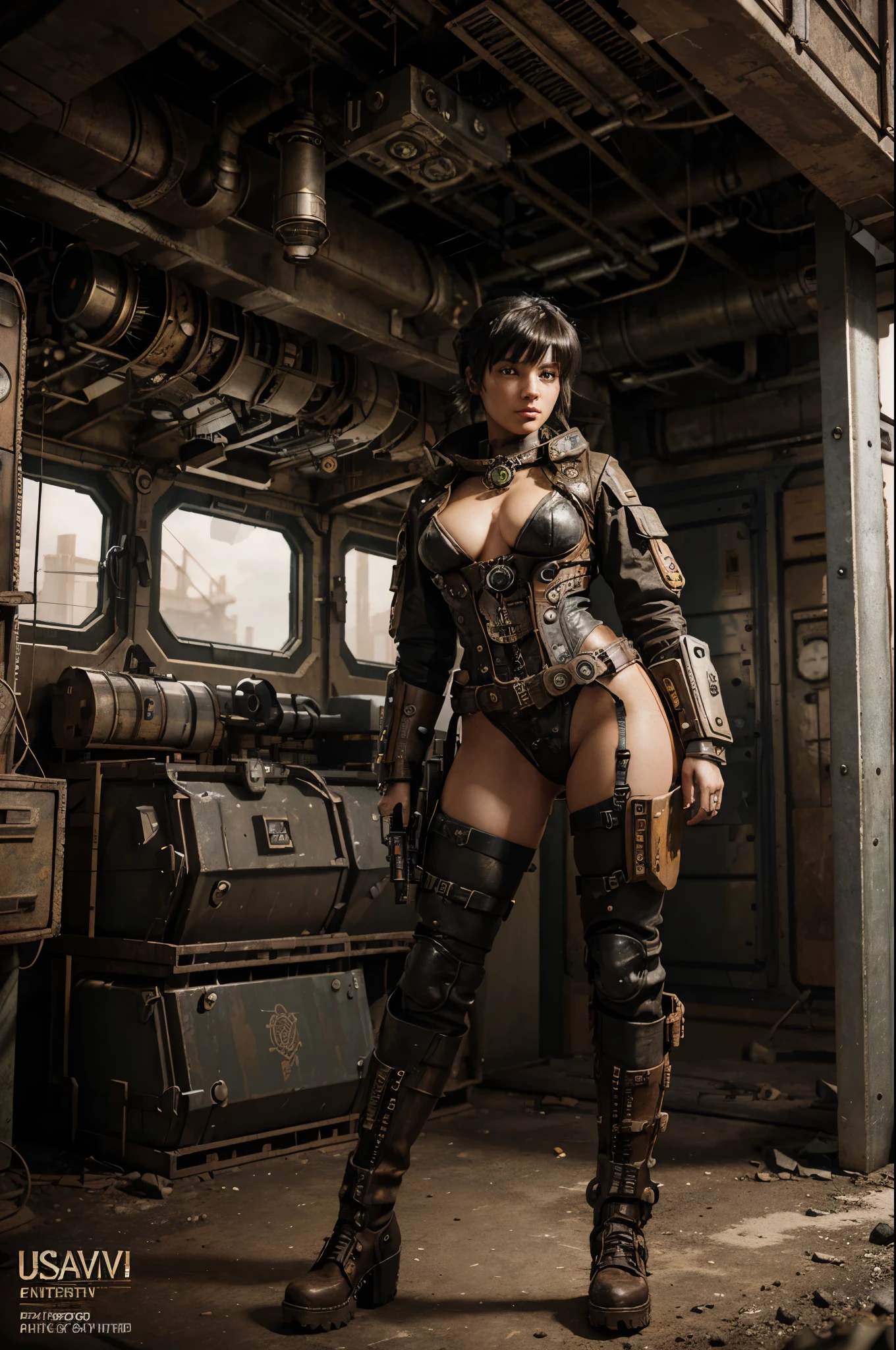 Illustration of a steampunk explorer in a post apocalyptic setting, surrounded by machine parts, mechanical UI, and post apocalyptic landscapes, Surreal steampunk Art Style, Influenced by Deviantart and Ghost in the Shell anime, Camera: POV, Lens: Augmented Reality Lens, Render Style: Isometric Assets, 4K resolution,