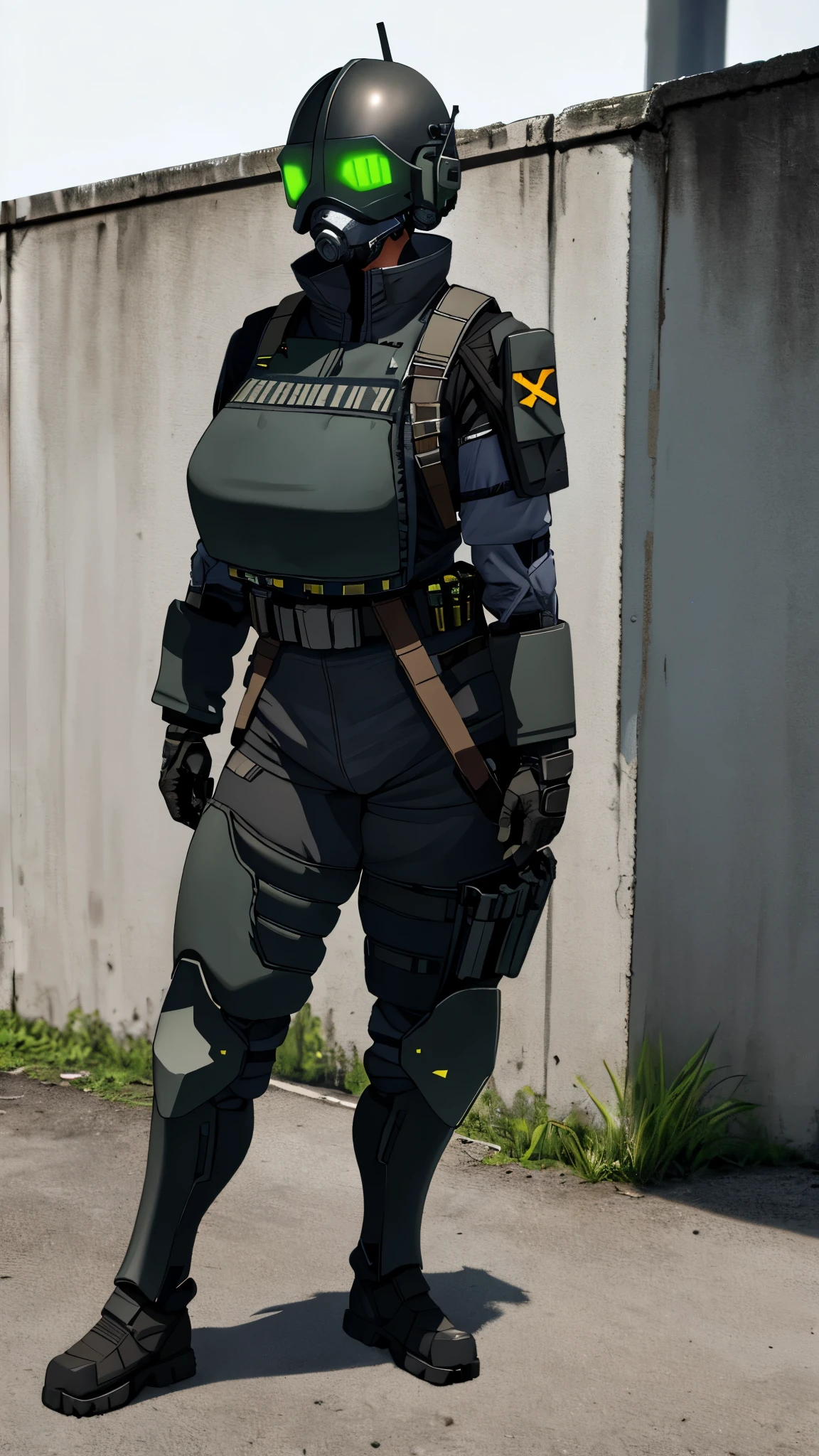 combine soldier, 1girl, solo, standing, helmet, gloves, looking at viewer, facing viewer, military, science fiction, jumpsuit, bulletproof vest, huge breasts, wide hips, skintight, combat boots, coat around waist, mechanic girl, holster, chest rig, ammo pouches, satchel, toolbelt, vest collar, body armor, shoulder pads, thigh pads, kneepads, armor, high quality shadows, glowing eyes, straps, menacing, huge thick thighs, riot gear, riot helmet, bullet proof visor 4k hands,