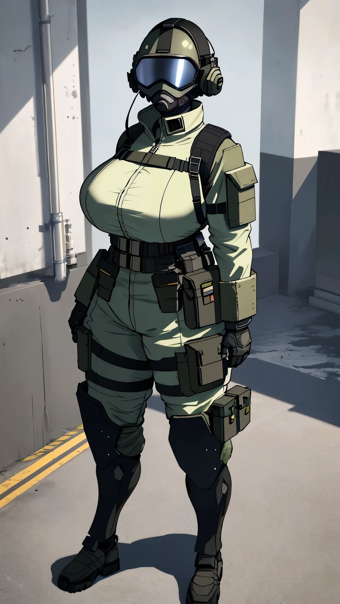 combine soldier, 1girl, solo, standing, helmet, gloves, looking at viewer, facing viewer, military, science fiction, jumpsuit, bulletproof vest, huge breasts, wide hips, skintight, combat boots, coat around waist, mechanic girl, holster, chest rig, ammo pouches, satchel, toolbelt, vest collar, body armor, shoulder pads, thigh pads, kneepads, armor, high quality shadows, glowing eyes, straps, menacing, huge thick thighs, riot gear, riot helmet, bullet proof visor 4k hands,