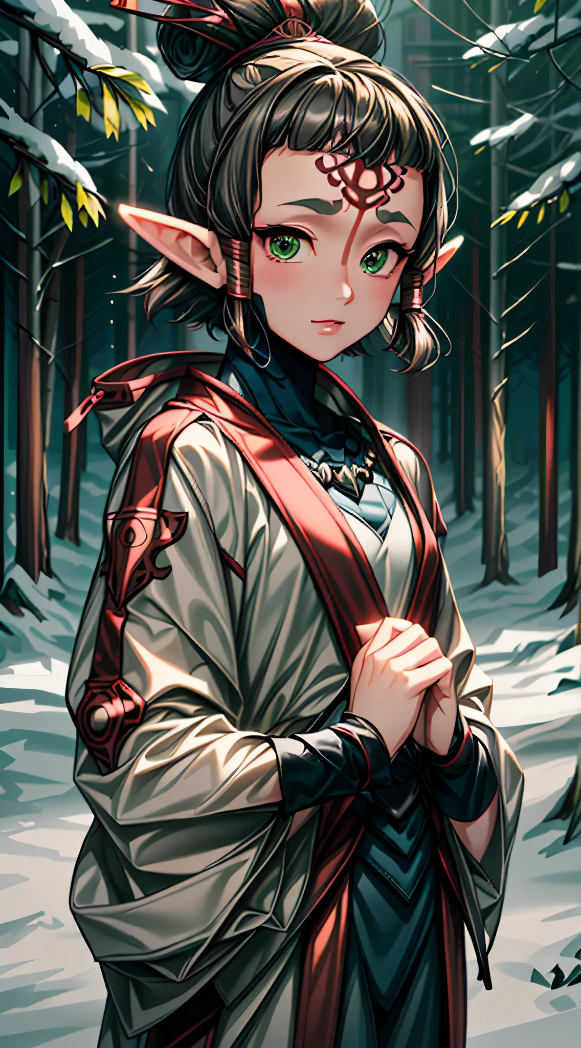 paya, cute elf,(((little ,tiny little body,little))),(((6 years old))),((anime elf with extremely cute and beautiful brown hair)), (((elf))), (((elf ears))), ((((brown hair:1.35,short brown hair,boy haircut,tny short haircut,colored inner hair,ear breathing)))),(((green_eyes:1.3))),intricate eyes,beautiful detailed eyes,symmetrical eyes,big eyes:1.5,(((lustrous skin:1.5,bright skin: 1.5,skin tanned,shiny skin,very shiny skin,shiny body,plastic glitter skin,exaggerated shiny skin,illuminated skin))),(detailed body,(detailed face)), cute,slutty,erotic,daring,((nsfw)), (((medieval man clothes,adventurer man clothing,winter coat,unbuttoned shirt))),(((intricate outfit,intricate clothes,embroidered outfit,ornate outfit,embroidered clothes,ornate clothes))), (dynamic pose:1.0),happy,smile,(centered,scale to fit dimensions,Rule of thirds), ((snowy pine forest at night)), with dark stormy clouds,winter,scenery:1.25,((snow forest background)),Christmas tree, highres,sharp focus,(ultra detailed,extremely detailed),(photorealistic artwork:1.37),(extremely detailed CG unity 8k wallpaper),(((vibrant colors,vibrant theme))),(intricate),(masterpiece),(best quality),