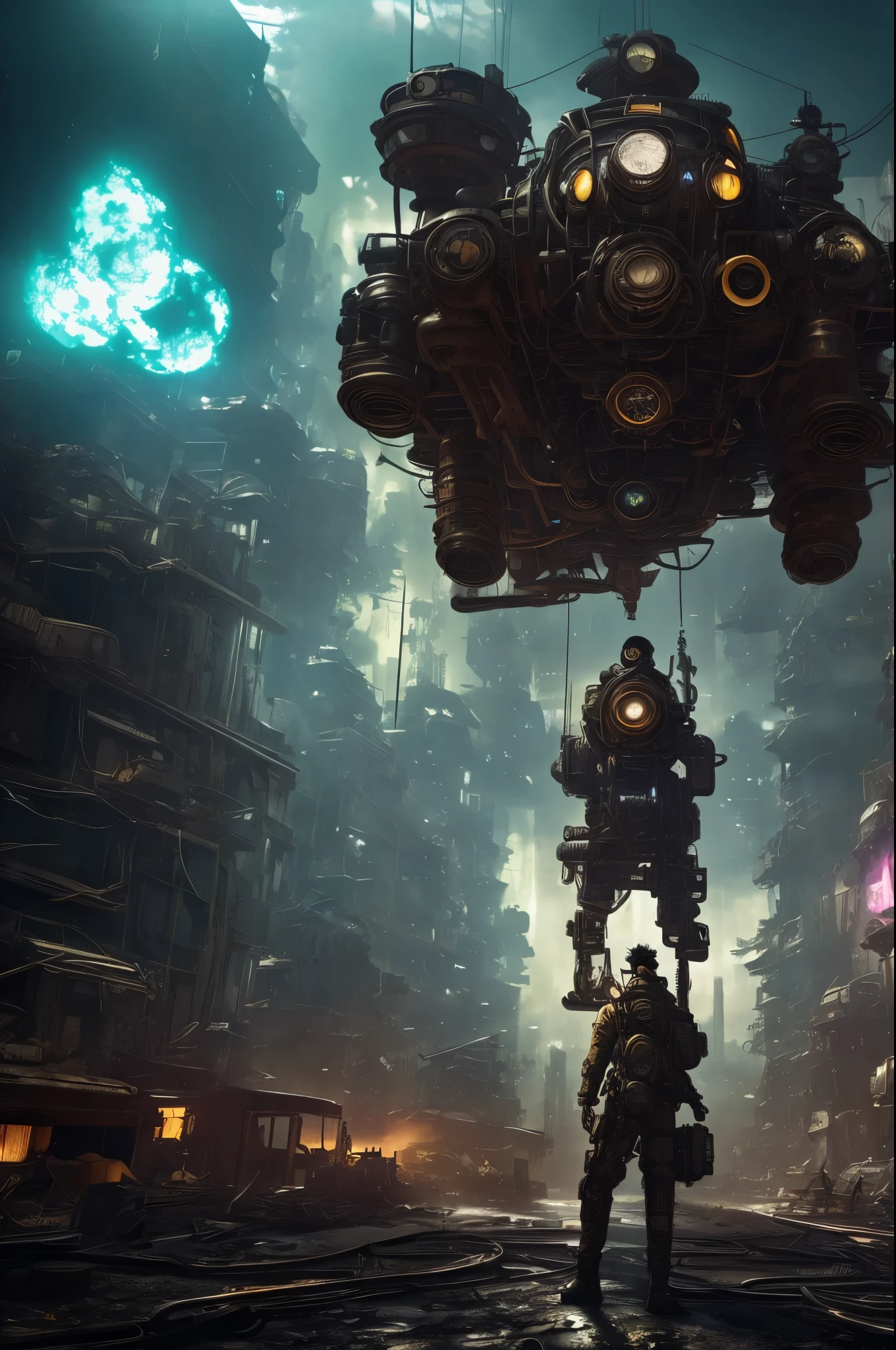 Illustration of a steampunk explorer in a post apocalyptic setting, surrounded by machine parts, mechanical UI, and post apocalyptic landscapes, Surreal steampunk Art Style, Influenced by Deviantart and Ghost in the Shell anime, Camera: POV, Lens: Augmented Reality Lens, Render Style: Isometric Assets, 4K resolution,