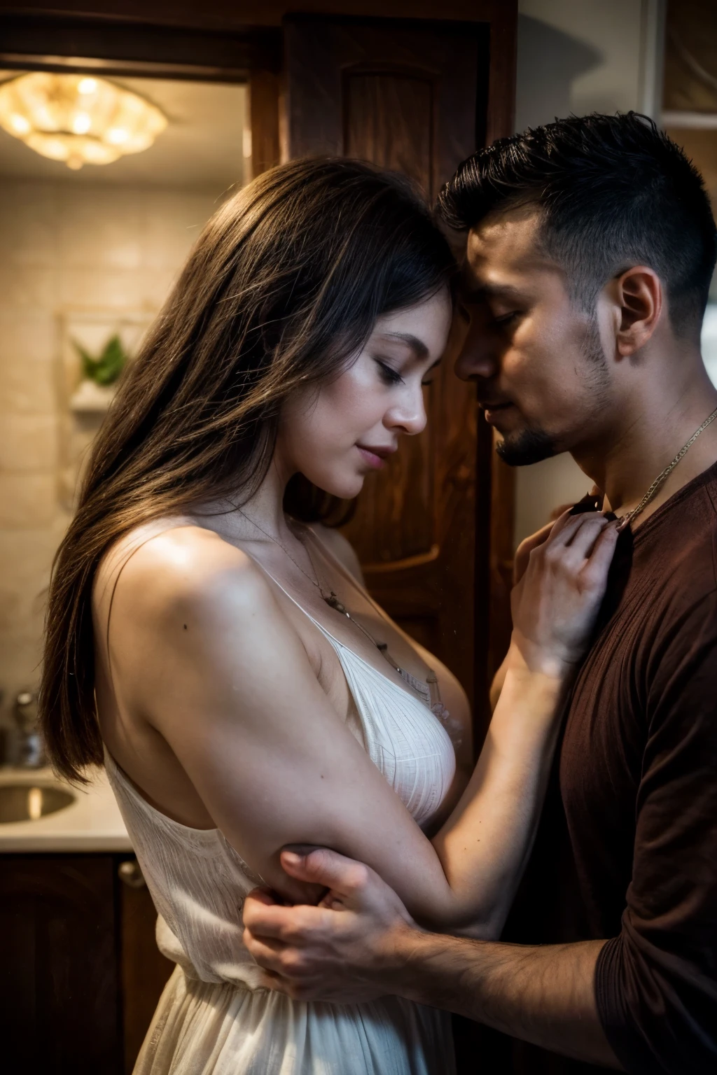 in a delicate coloring, a loving wife holds him, in front of her husband, their inside their home, she's showing grace to him he's focused and concentrated on his eyes, she's using the to calm him, to bring him back to their intimate journey, together, loving and intimate moment
