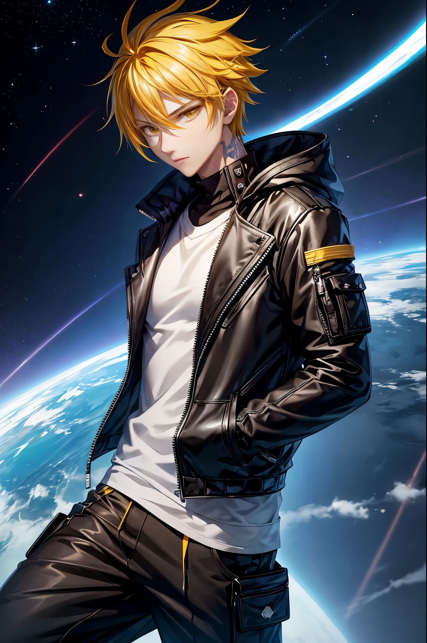 1boy,soft face,confident,young adult, simple clothes,wearing a black jacket, blue ice energy all around, ice, blizzard, (yellow eyes), ((yellow hair)),short messy unkept hair, highest quality digital art, Stunning art, wallpaper 4k, highly detailed,BREAK, (anime style), epic, space star cosmos unreal engine 5 scenario, anime style
